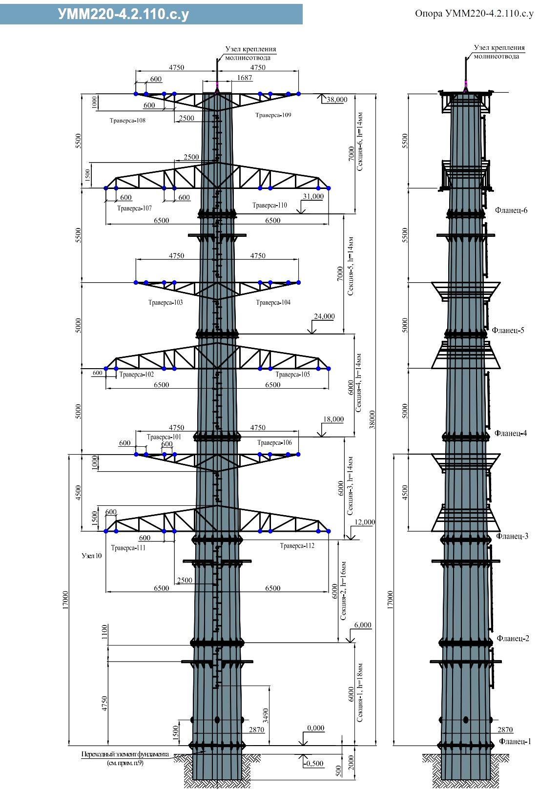 Анкерно-угловая опора УММ220-4.2.110.с.у, типовой проект 2702-10-КМ.6.1 С345 горячее цинкование