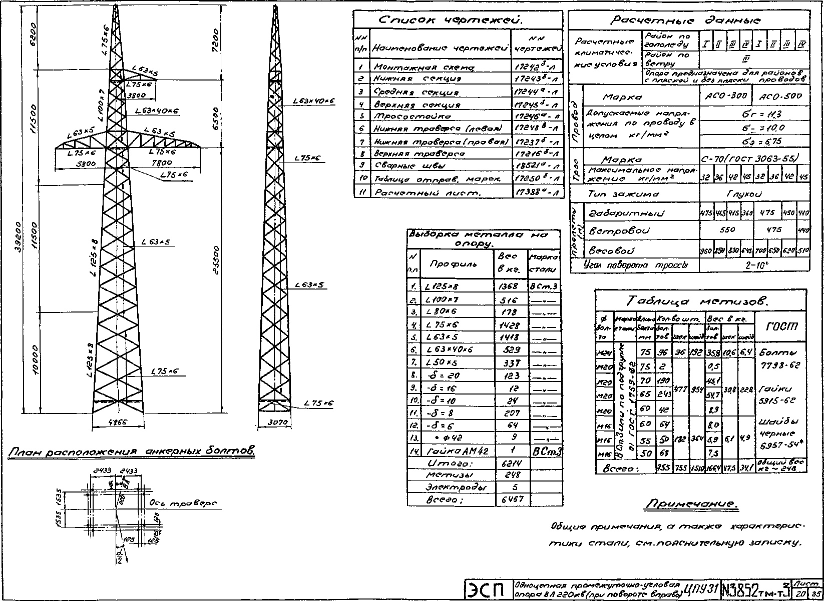 Промежуточно-угловая опора ЦПУ31-2, типовой проект 3852тм-т3 С245 горячее оцинкование