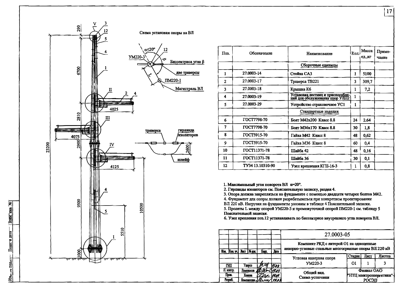 Анкерно-угловая опора УМ220-3, типовой проект 27.0003 С345 горячее цинкование
