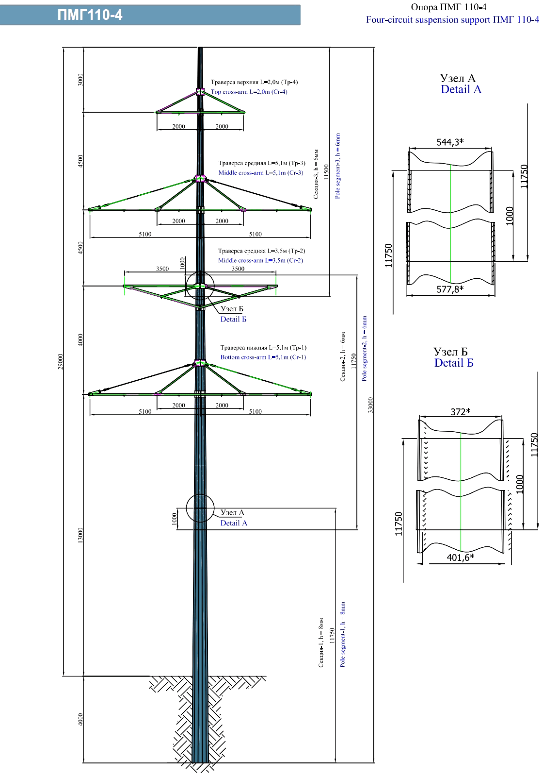 Промежуточная опора ПМГ110-4, типовой проект 28-03/06-КМ С245 горячее цинкование
