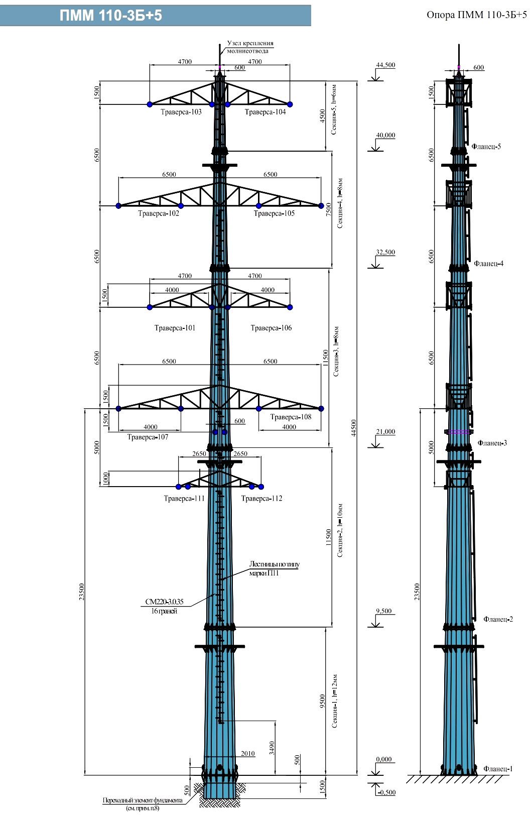Промежуточная опора ПММ110-3Б+5, типовой проект 0705-10-КМ С345 горячее цинкование