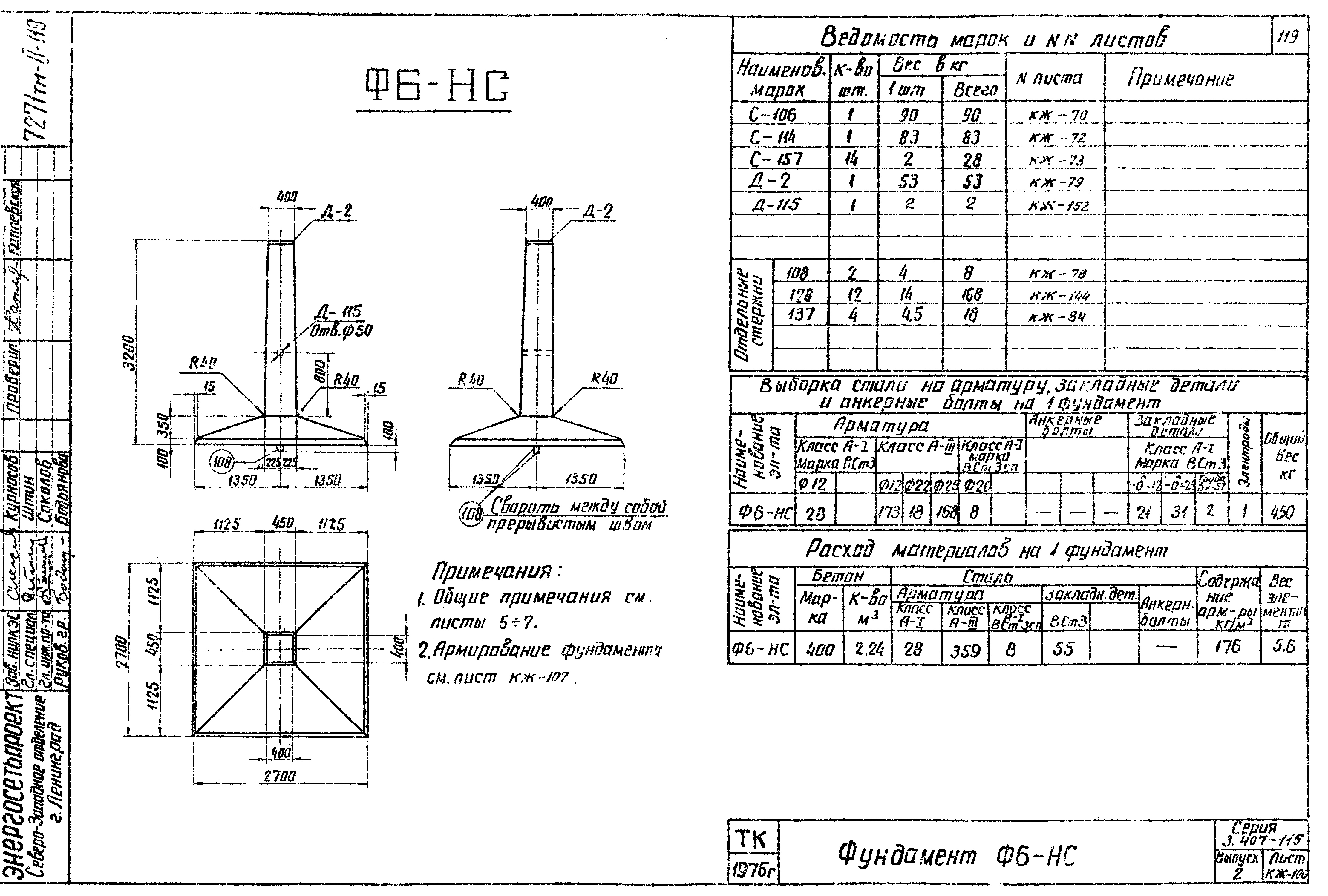 Подножник составного фундамента Ф6-НС, серия 3.407-115