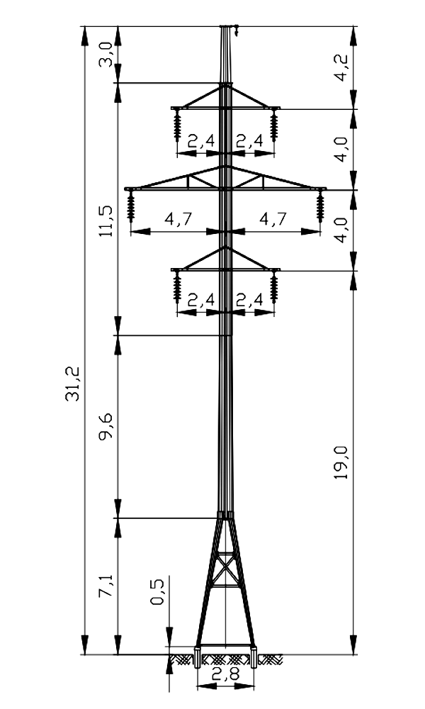 Промежуточная опора ПМ110-2Ф4, типовой проект 3.407.2-182.09 С345 горячее цинкование