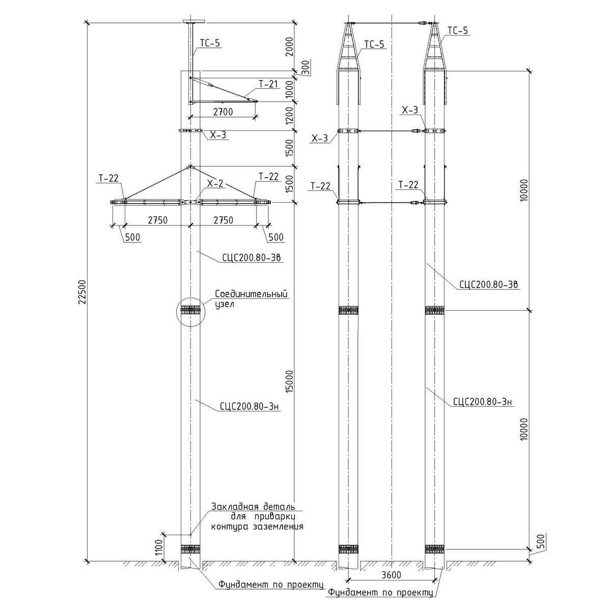 Анкерно-угловая повышенная железобетонная опора 2СУБ110-5Ф, чертеж 16.006-т11.011