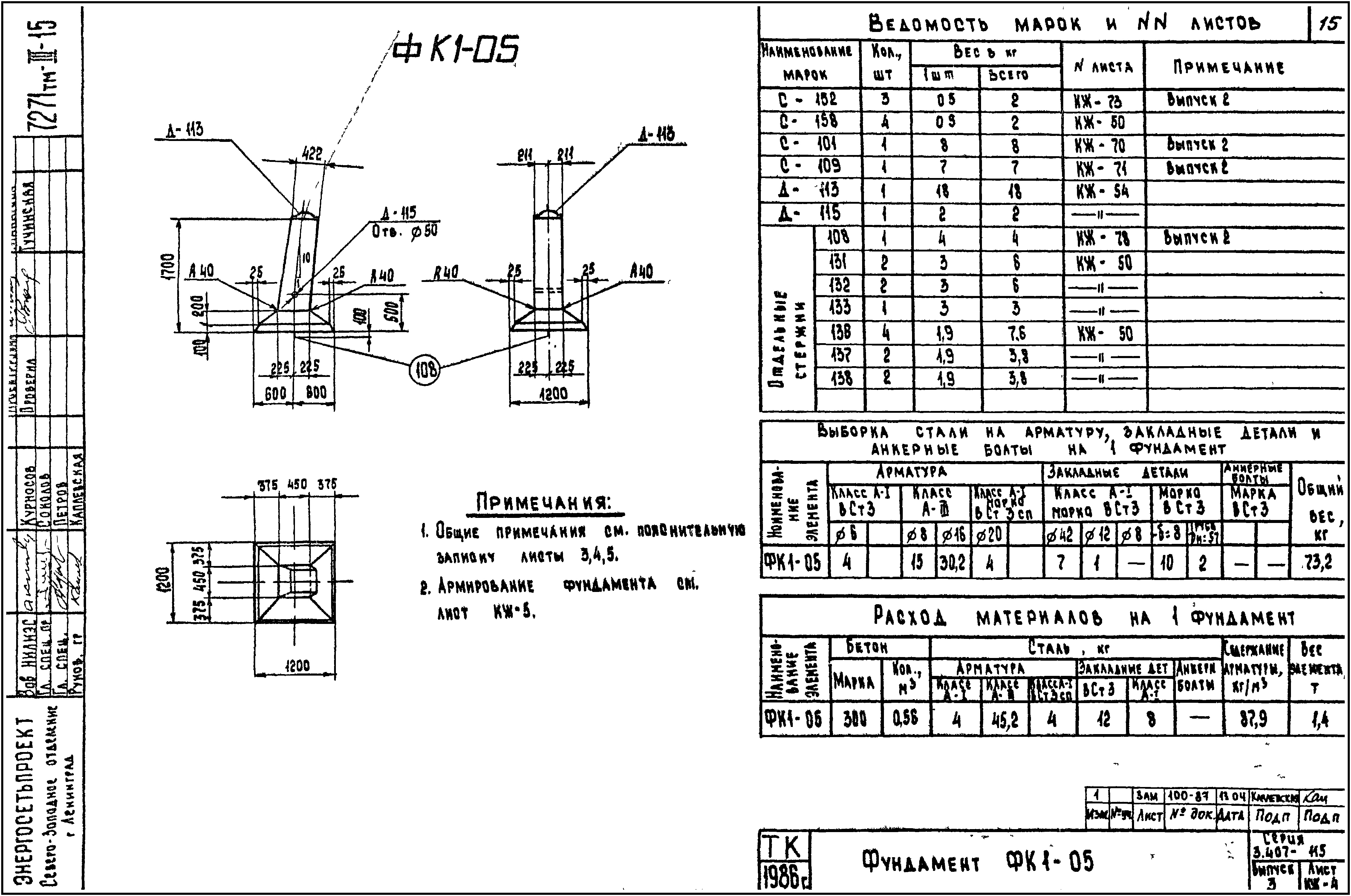 Фундамент промежуточной опоры ФК1-05, серия 3.407-115