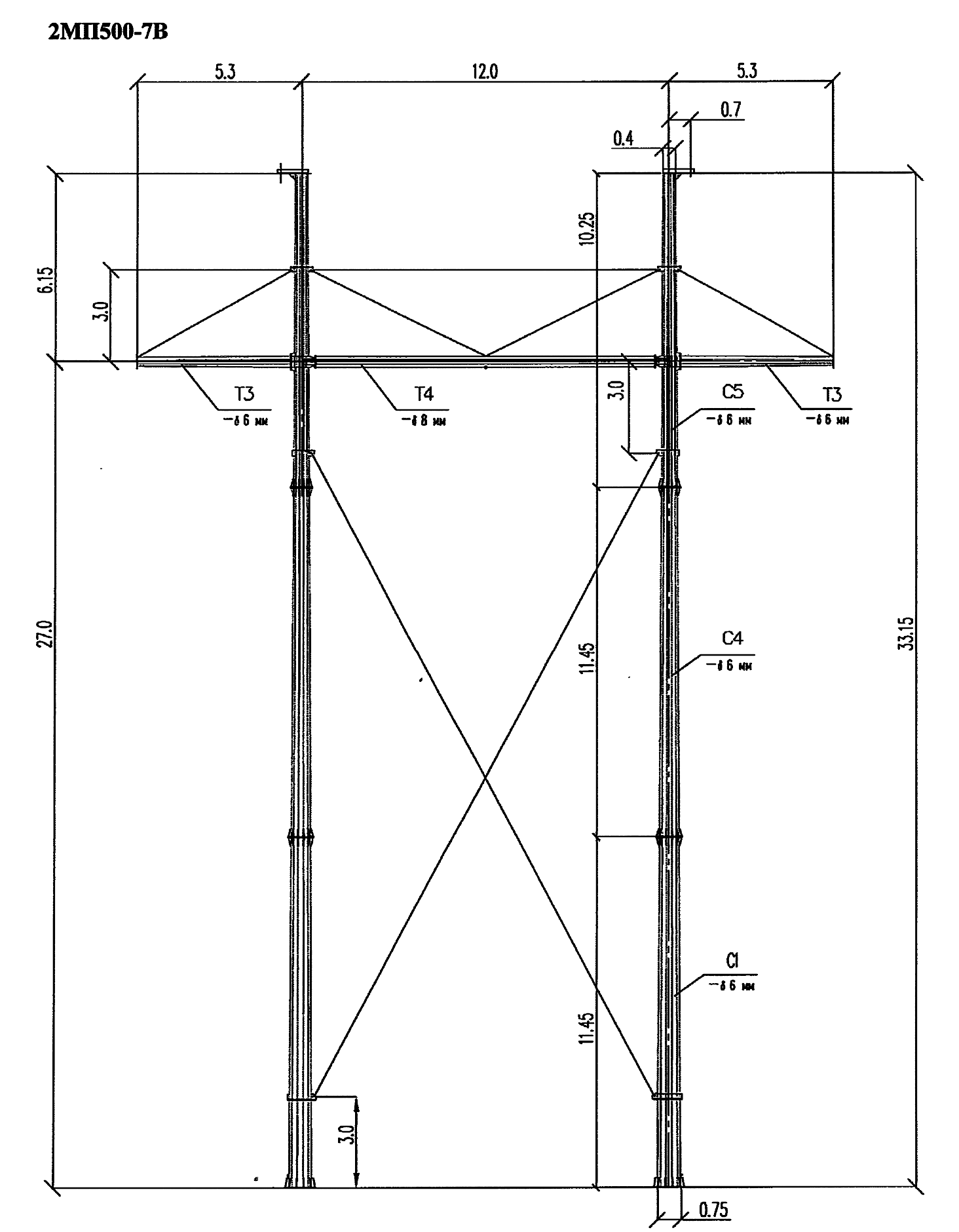 Промежуточная опора 2МП500-7В, типовой проект 20033тм С345 горячее цинкование