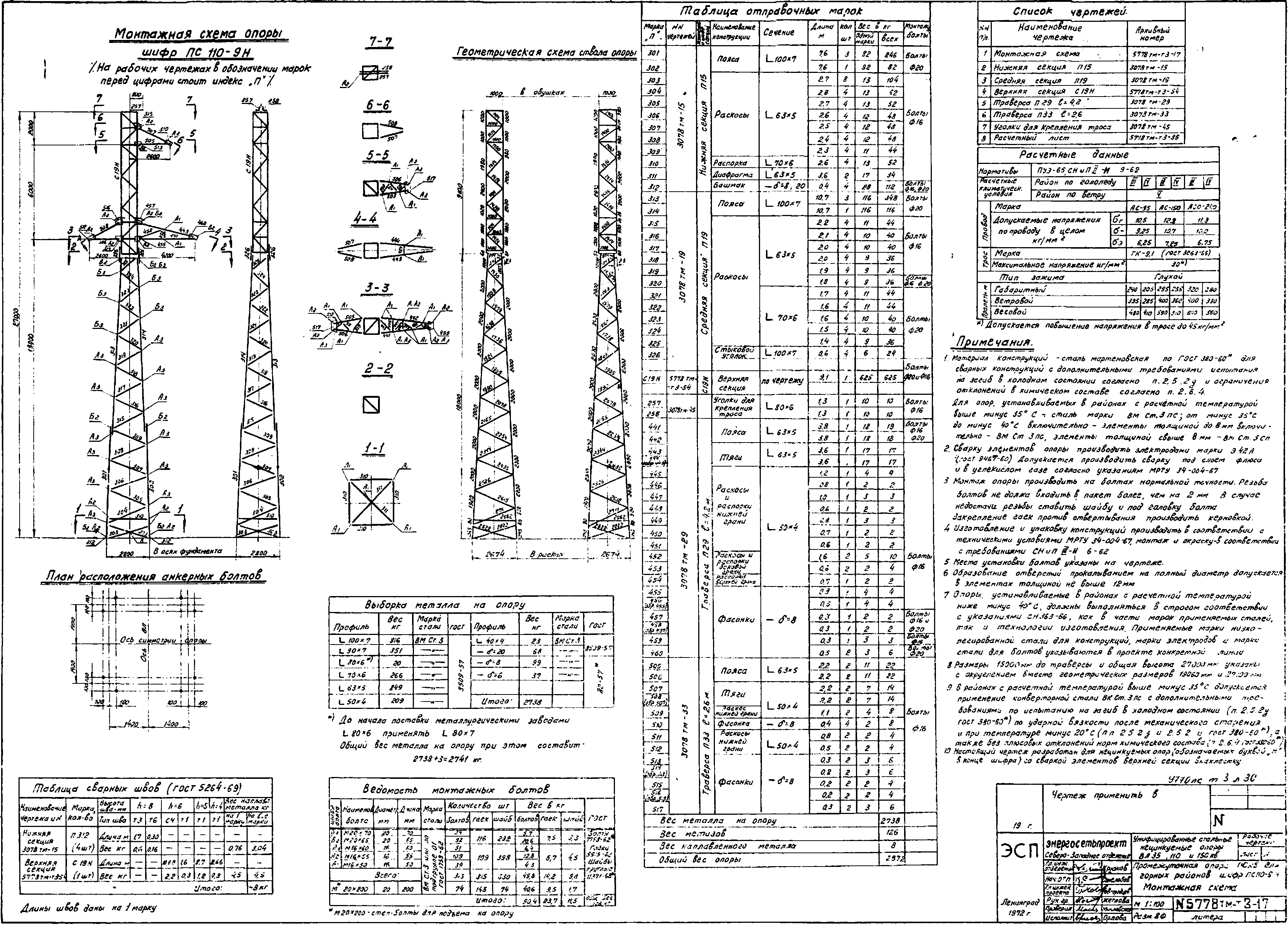 Промежуточная опора ПС110-9Н, типовой проект 5778тм-т3 С345 лакокрасочное покрытие