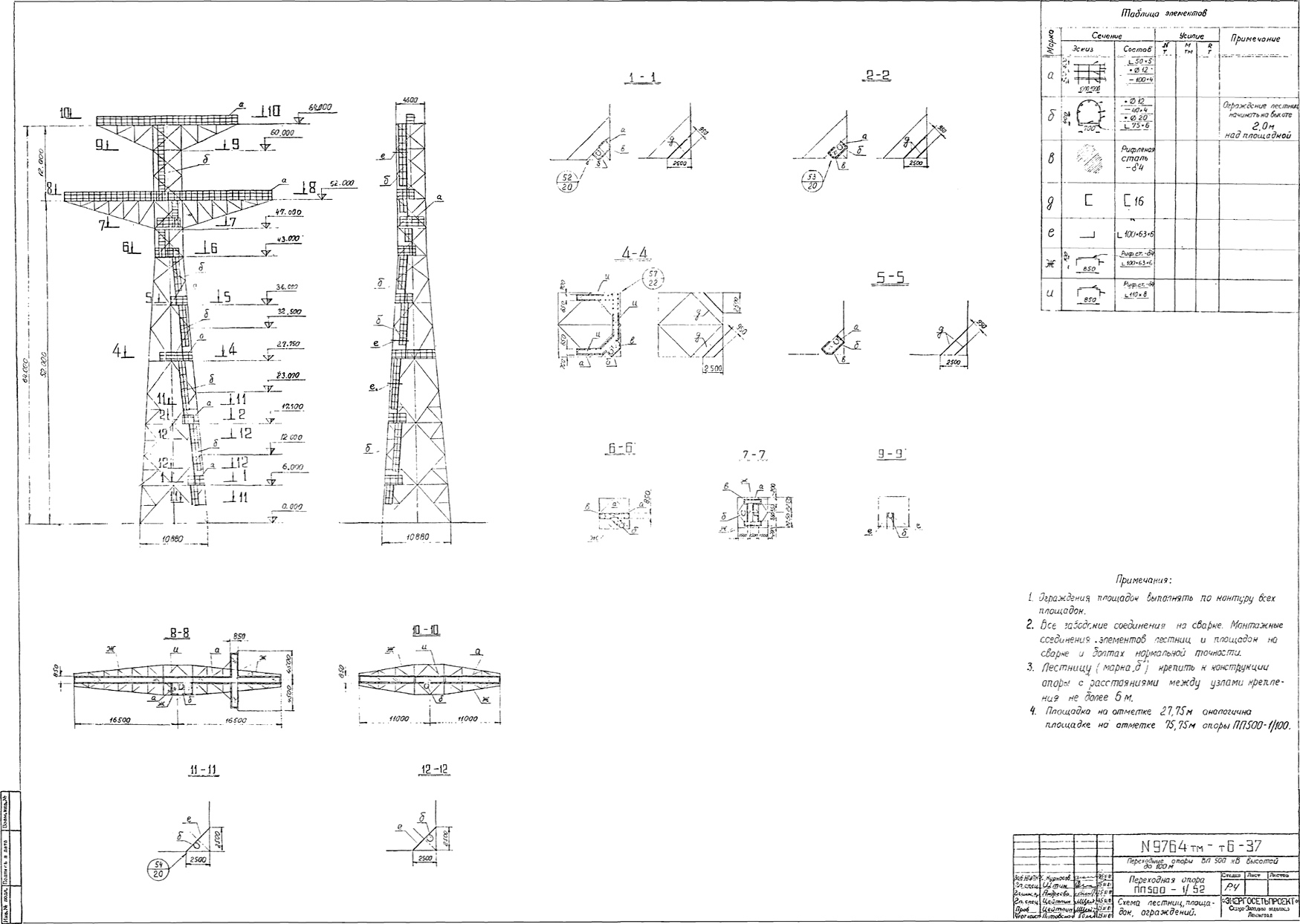 Промежуточная переходная опора ПП500-1/52, типовой проект 9674тм-т6 С245, С345 лакокрасочное покрытие
