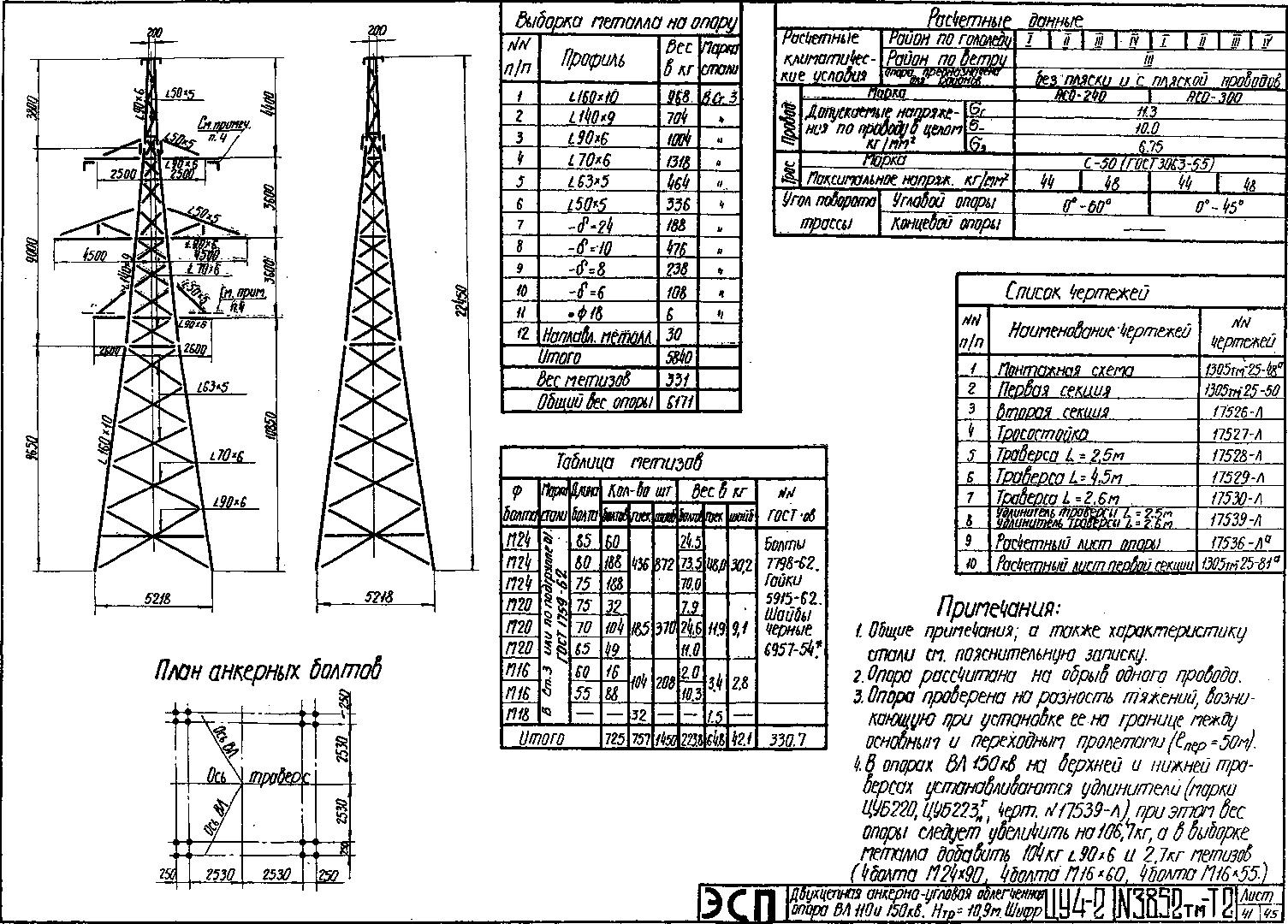 Анкерно-угловая опора ЦУ4-2, типовой проект 3852тм-т2 С245 горячее оцинкование