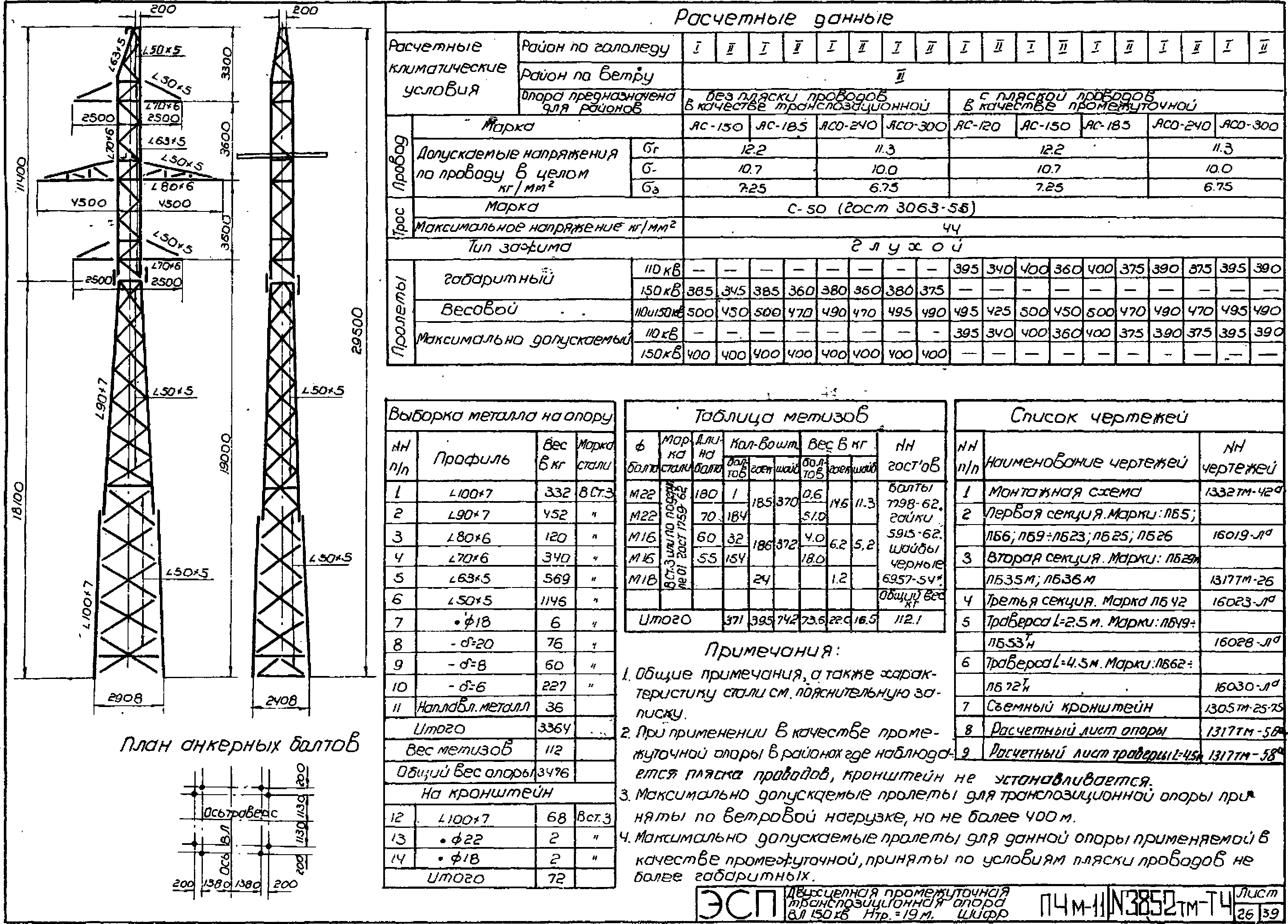Промежуточная опора П4М-11, типовой проект 3852тм-т4 С245 лакокрасочное покрытие