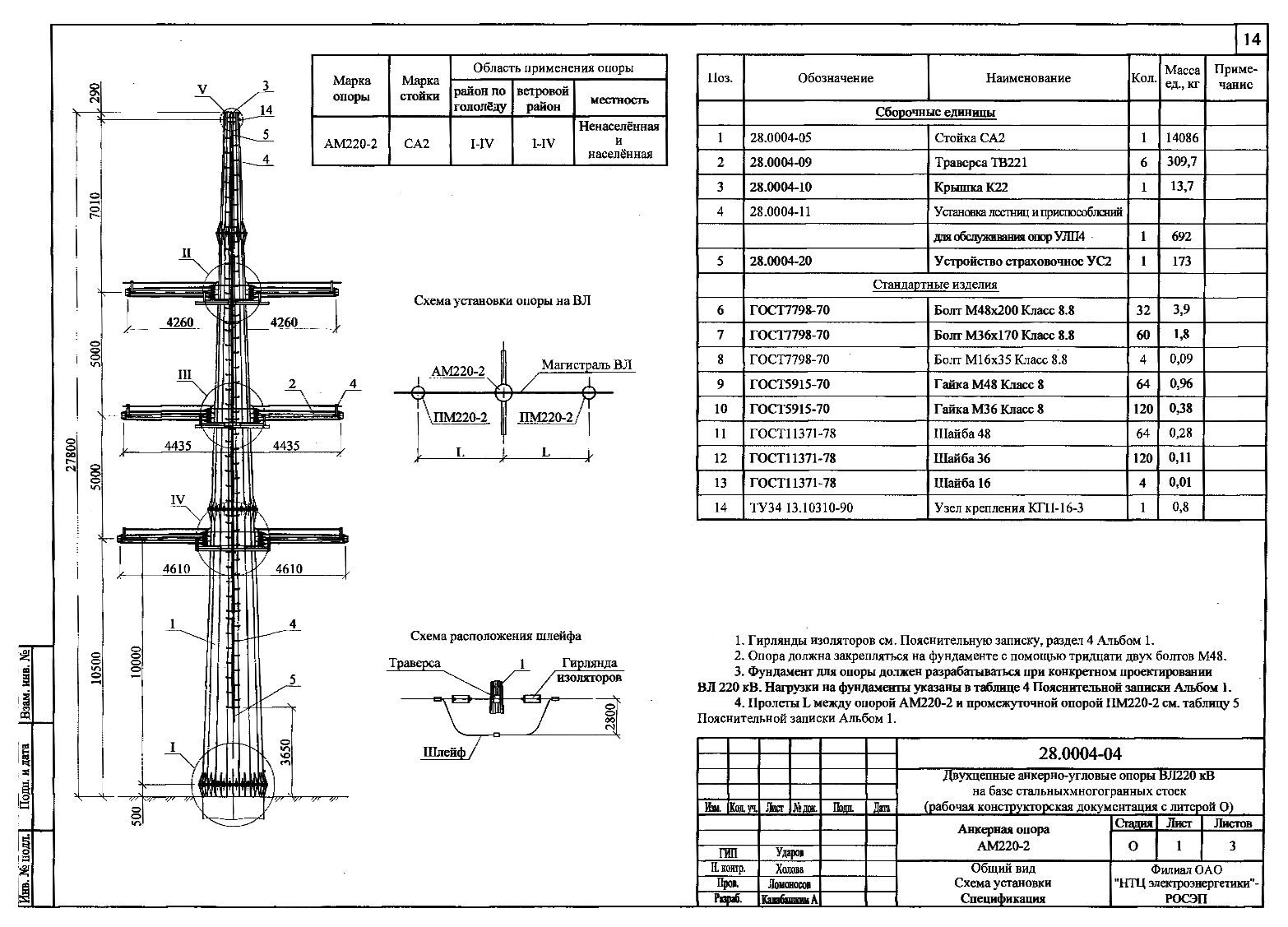 Анкерная опора АМ220-2, типовой проект 28.0004 С345 горячее цинкование