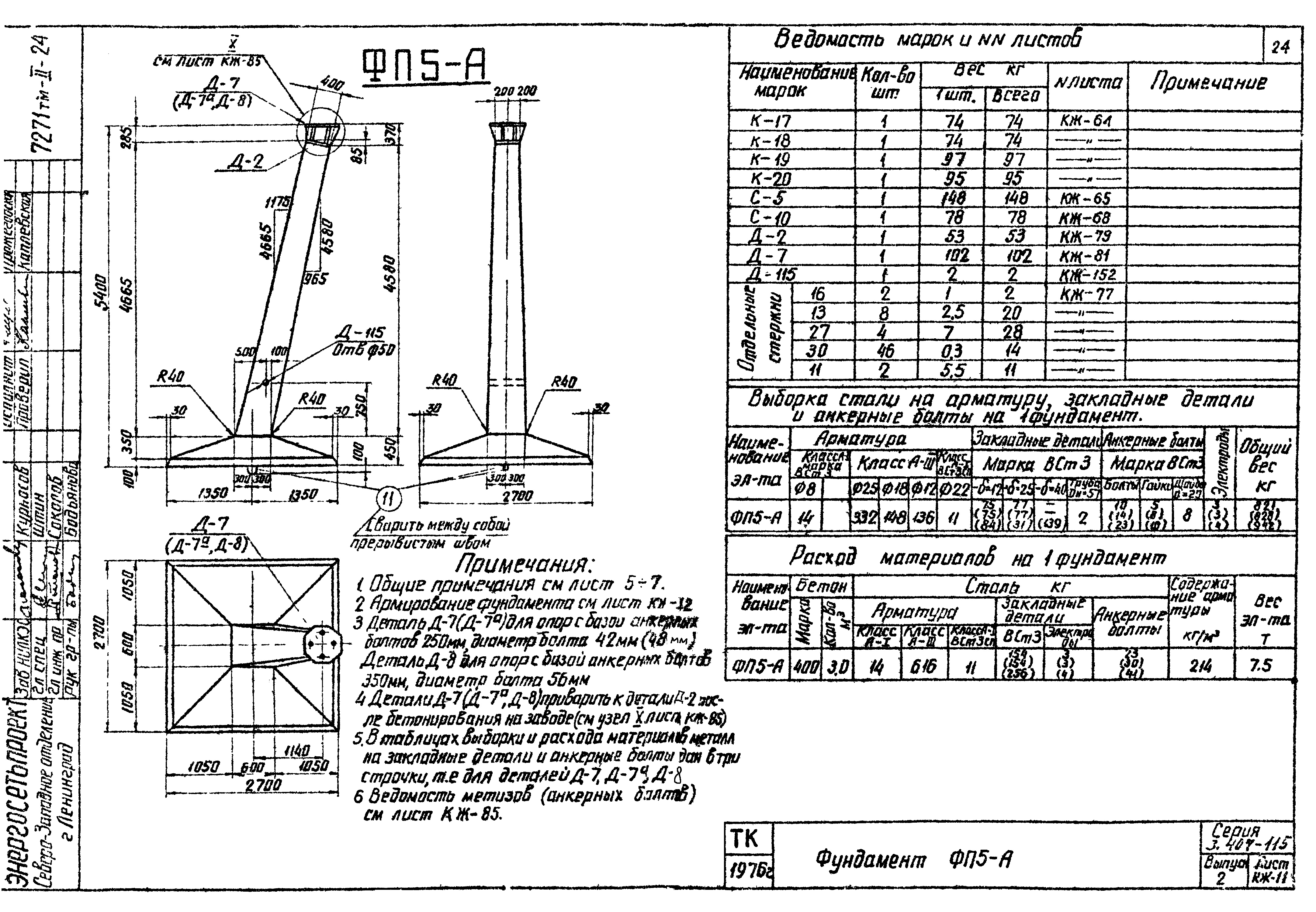 Фундамент анкерной опоры ФП5-А-350, серия 3.407-115