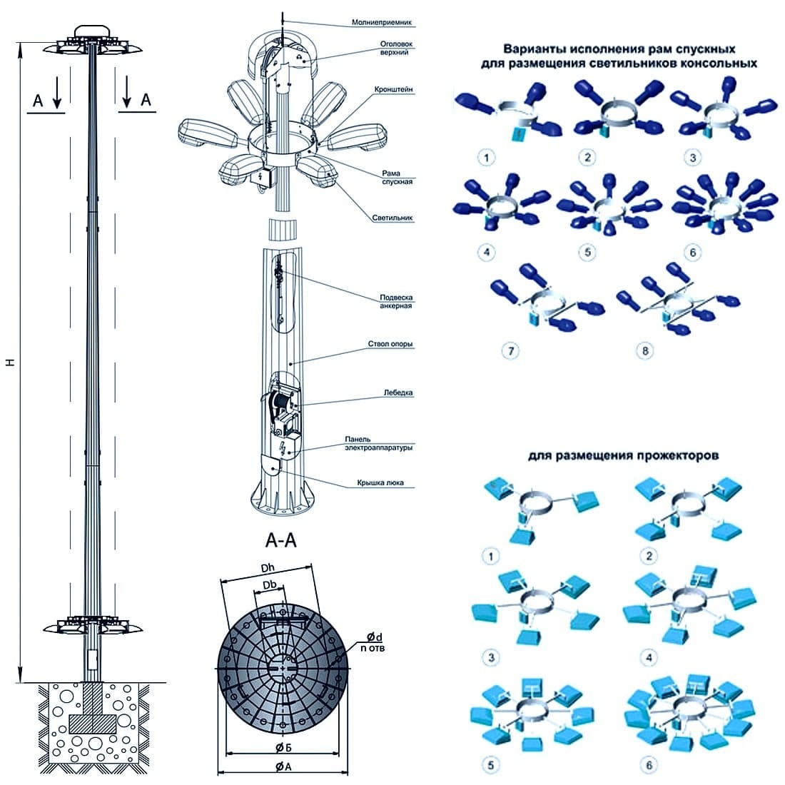 Мачта освещения многогранная ВОУ-30 сталь С345 горячее оцинкование