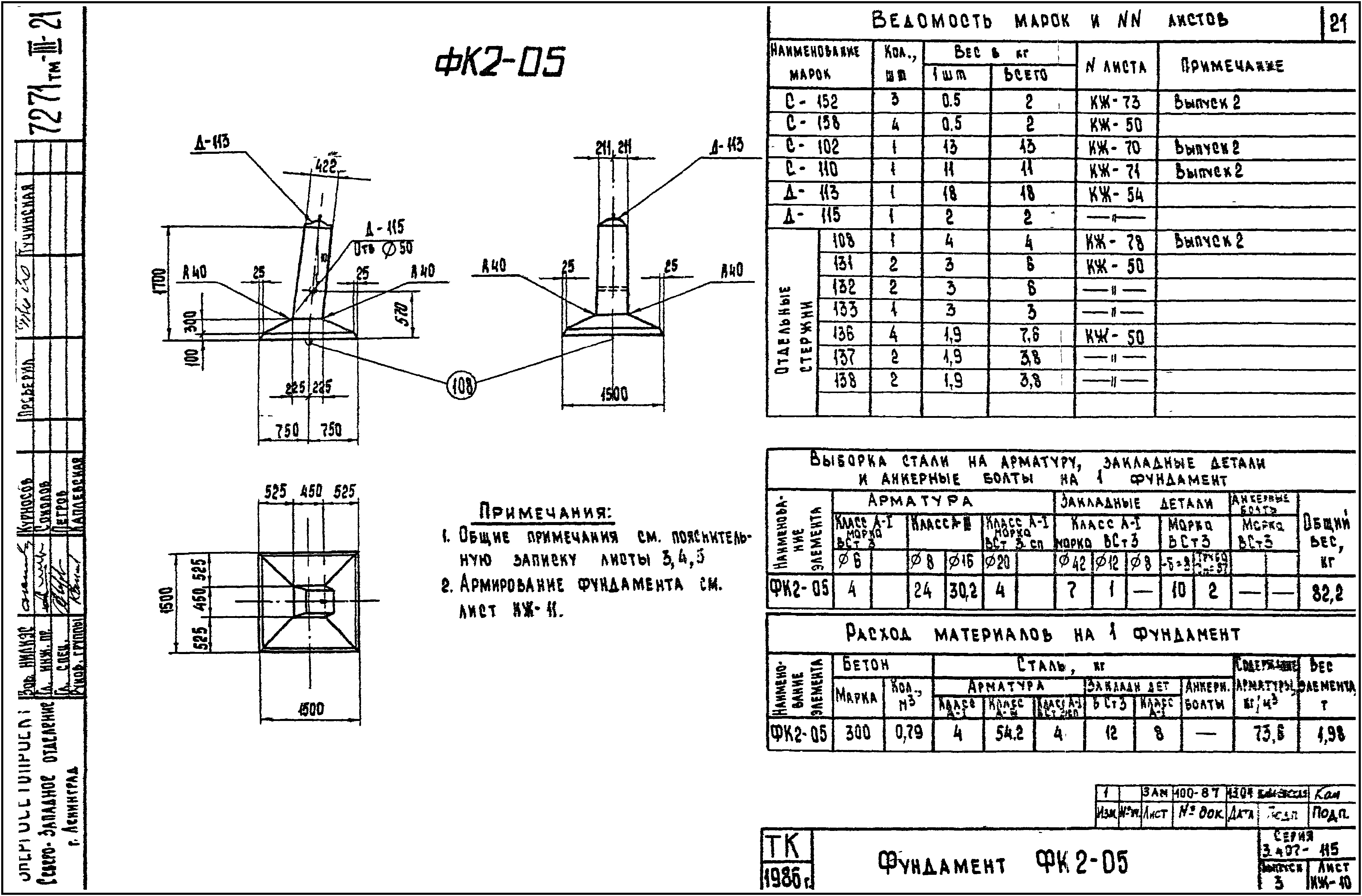 Фундамент промежуточной опоры ФК2-05, серия 3.407-115