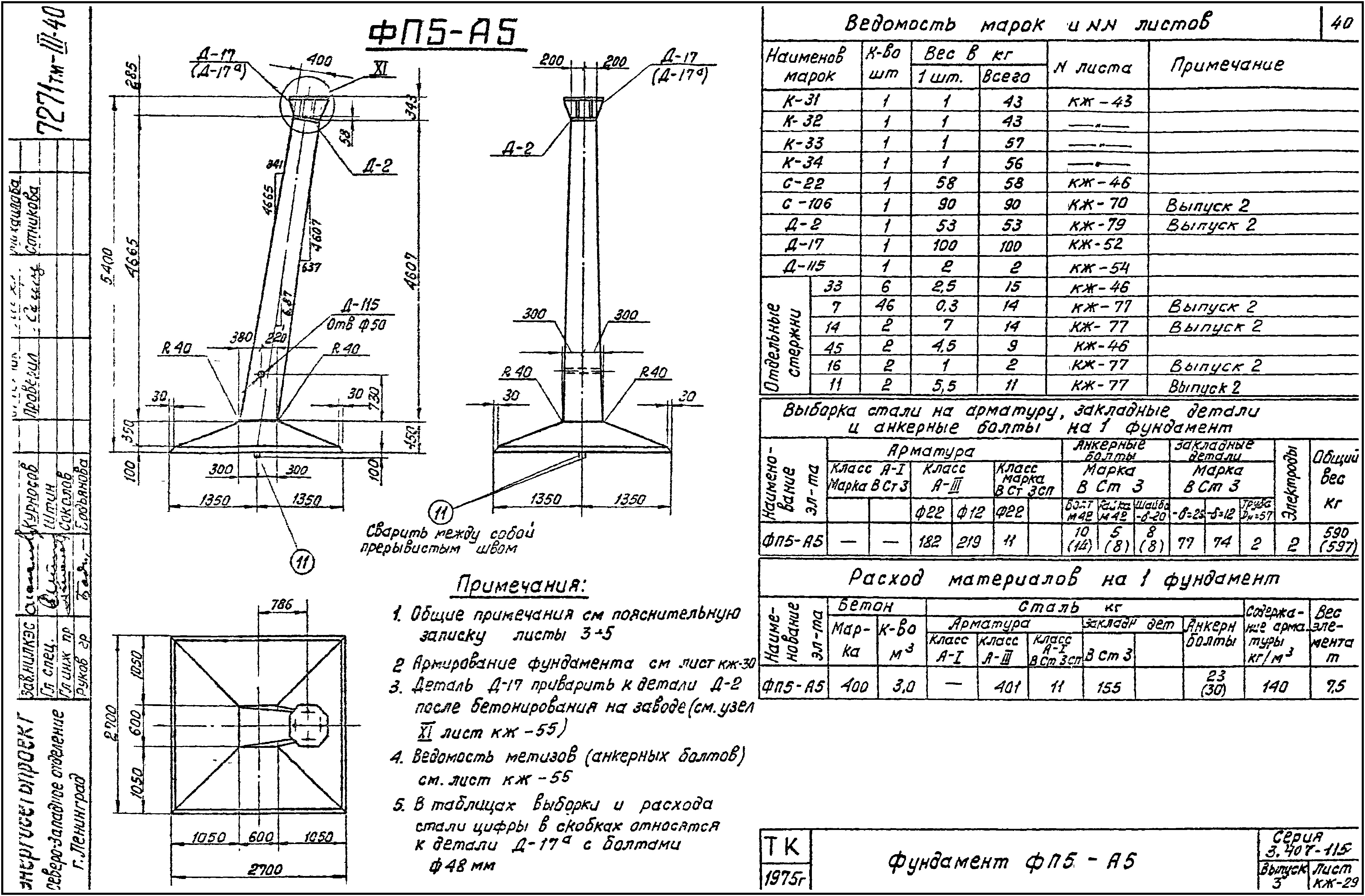 Фундамент анкерной опоры ФП5-А5, серия 3.407-115