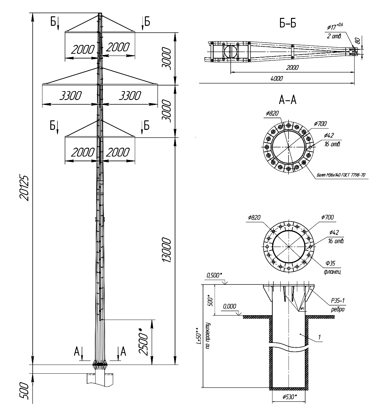 Промежуточная опора ПМ35-2Ф, типовой проект ТСК.35.01 С345 горячее цинкование