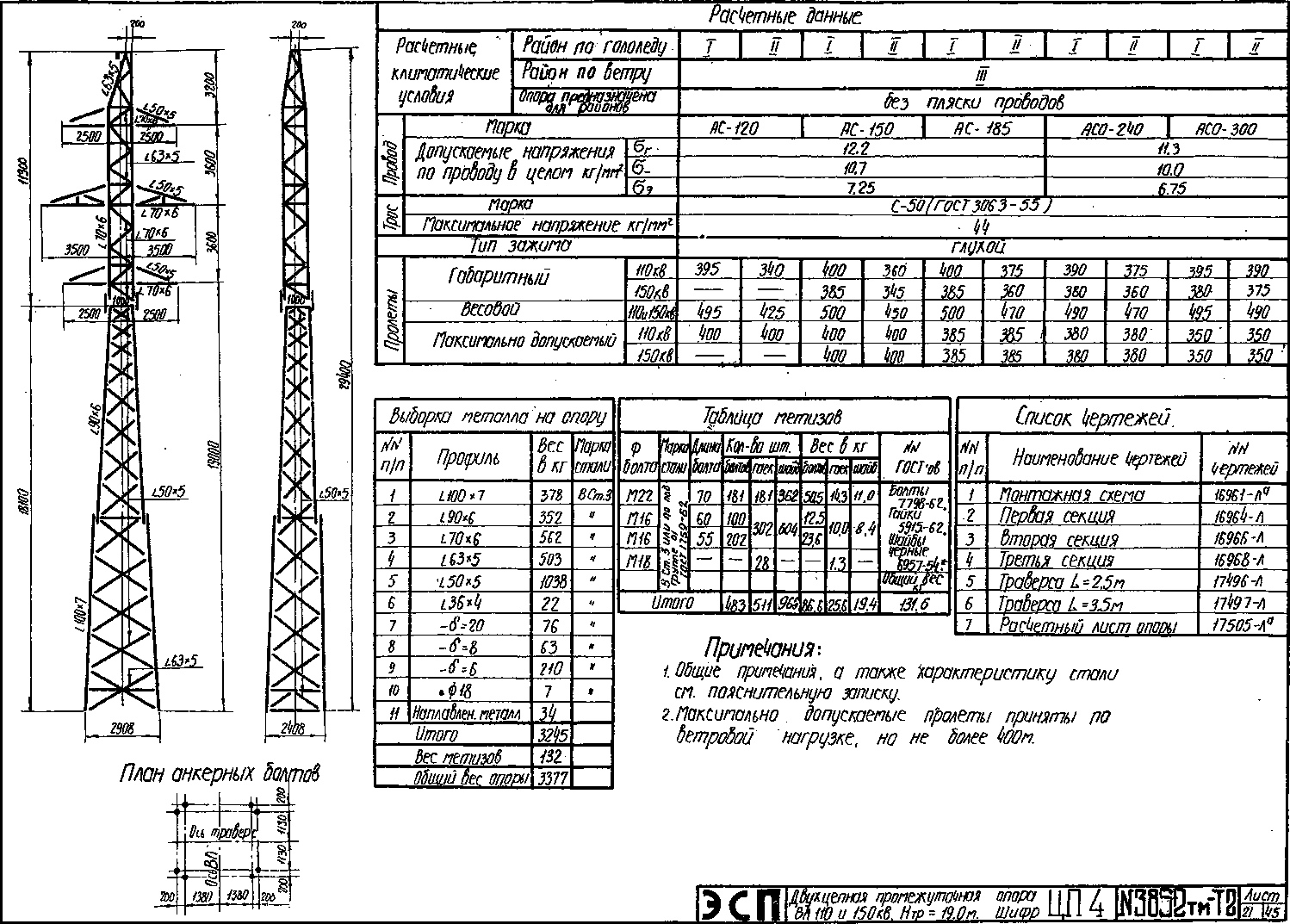 Промежуточная опора ЦП4, типовой проект 3852тм-т2 С245 горячее оцинкование