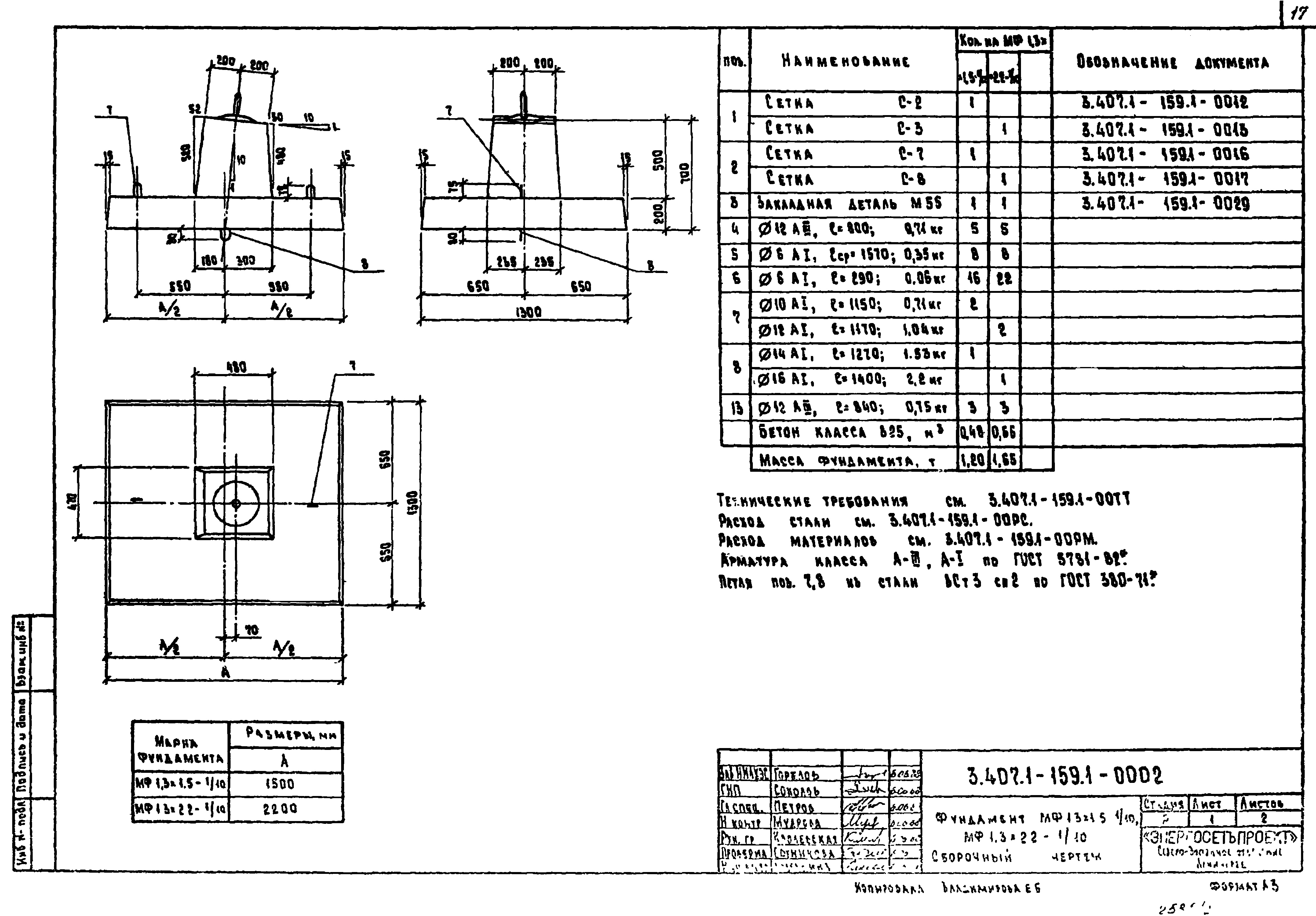 Фундамент промежуточной опоры МФ1,3х2,2-1/10, серия 3.407.1-159.1