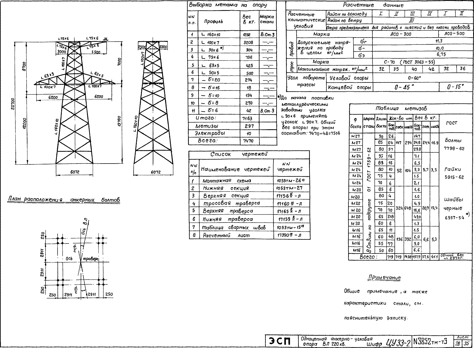 Анкерно-угловая опора ЦУ33-2, типовой проект 3852тм-т3 С245 горячее оцинкование