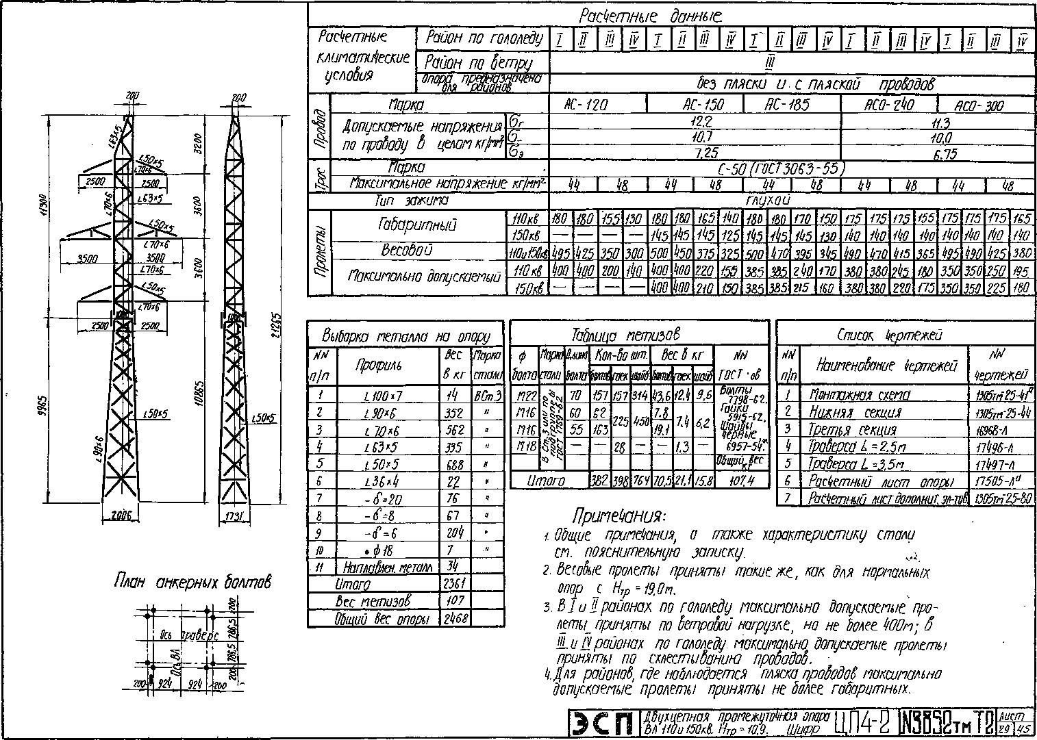 Промежуточная опора ЦП4-2, типовой проект 3852тм-т2 С245 горячее оцинкование