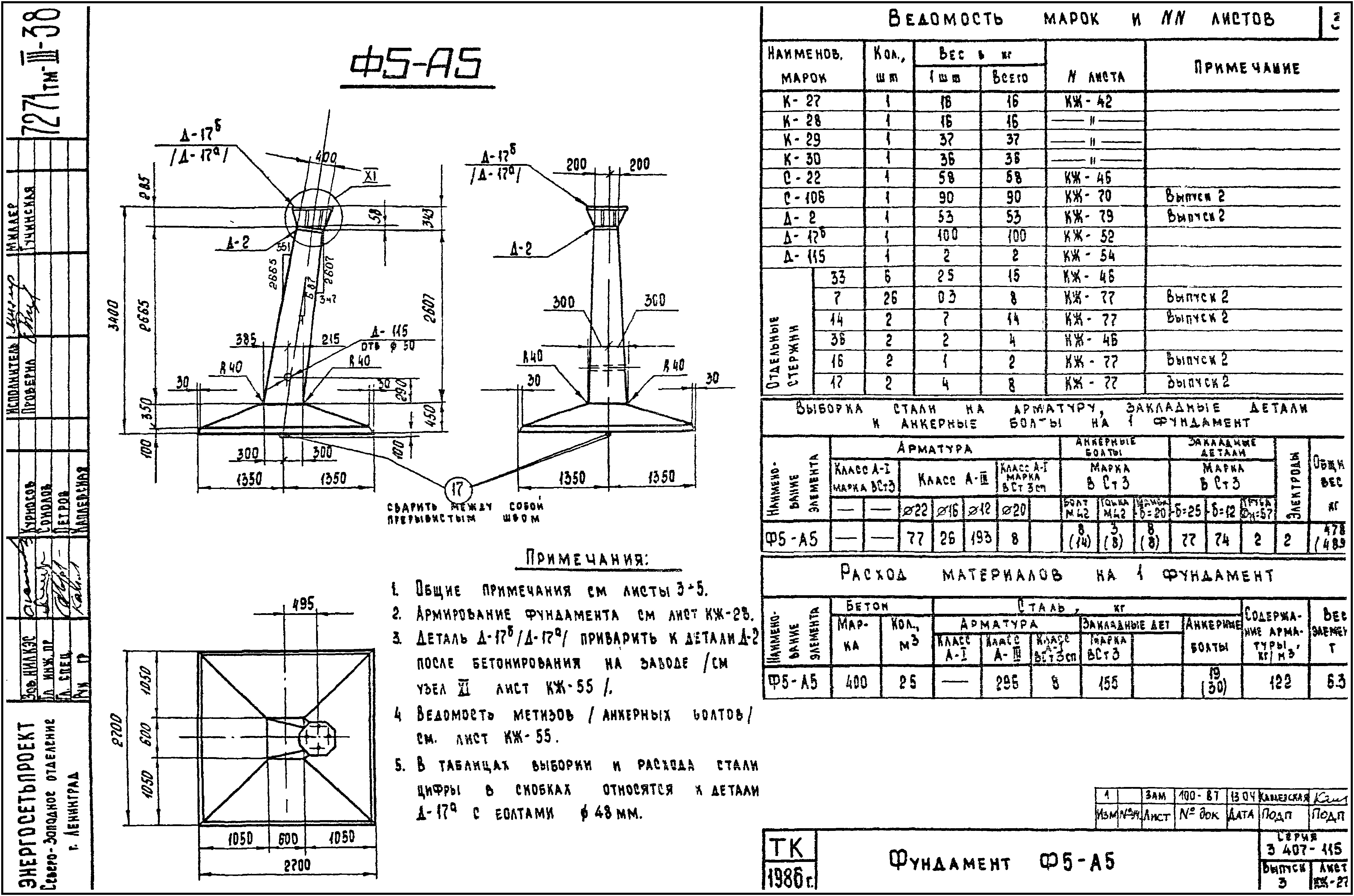 Фундамент анкерной опоры Ф5-А5-48, серия 3.407-115
