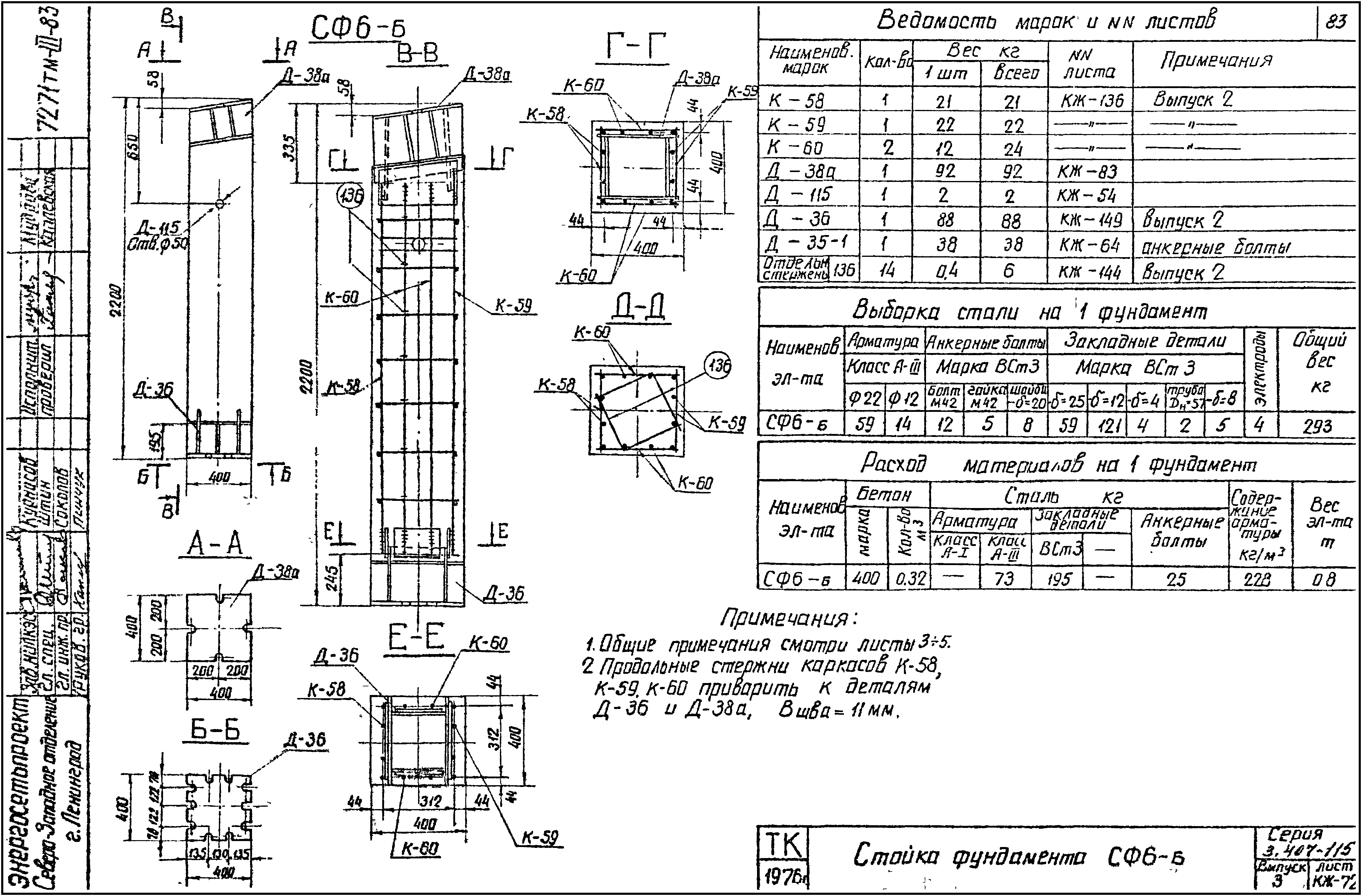 Стойка фундамента СФ6-Б, серия 3.407-115