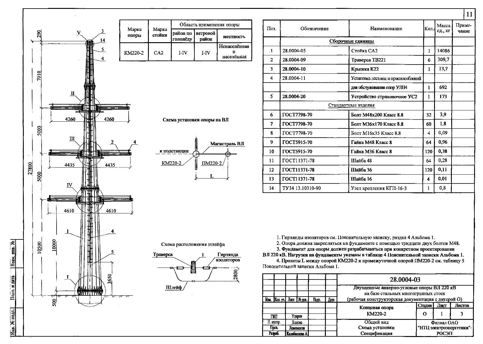 Концевая опора КМ220-2, типовой проект 28.0004 С345 горячее цинкование