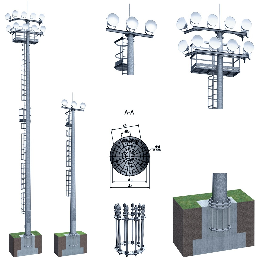 Мачта освещения многогранная МС-16-Т2/5-II-ц сталь С345 горячее оцинкование