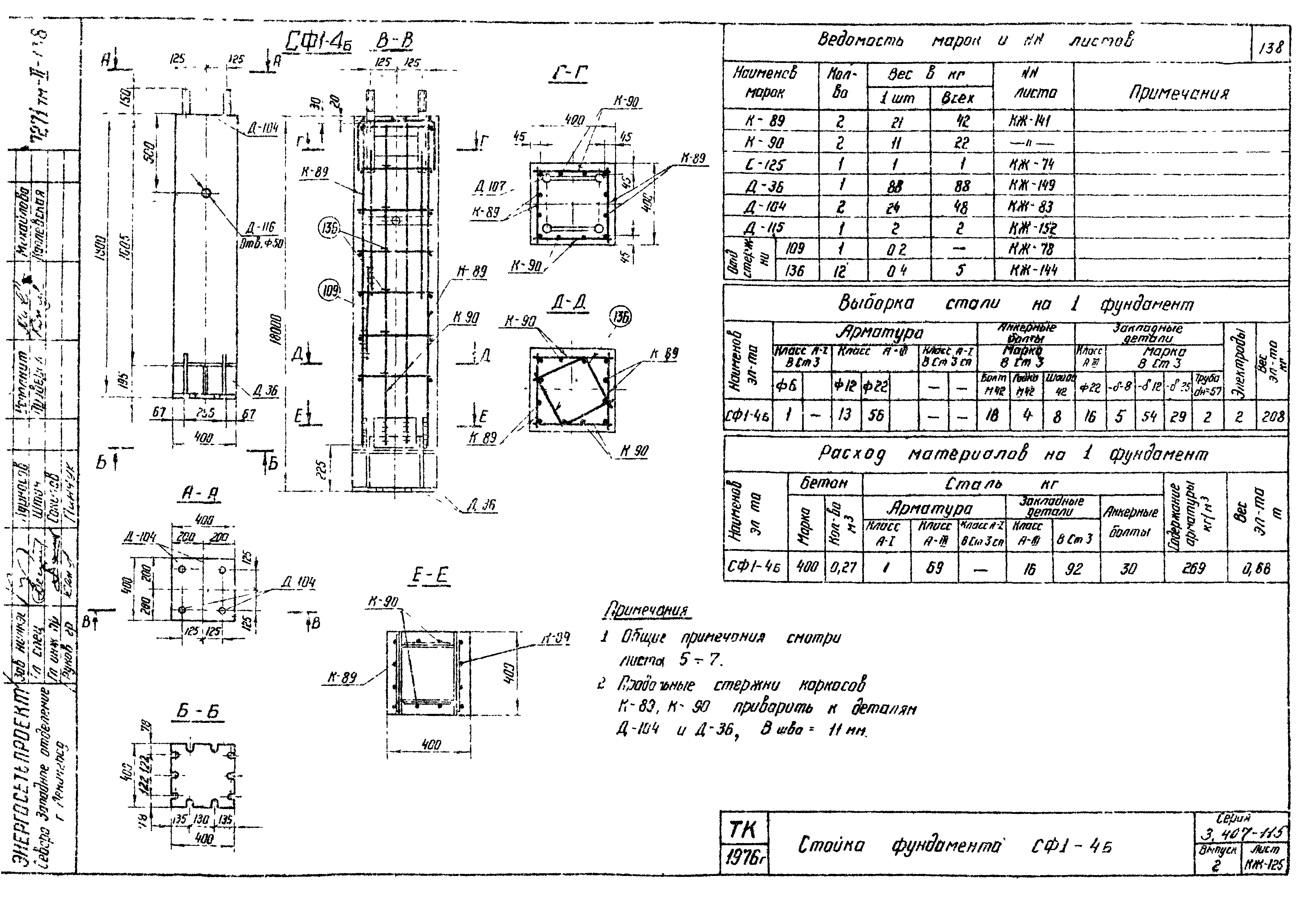 Стойка фундамента СФ1-4Б, серия 3.407-115