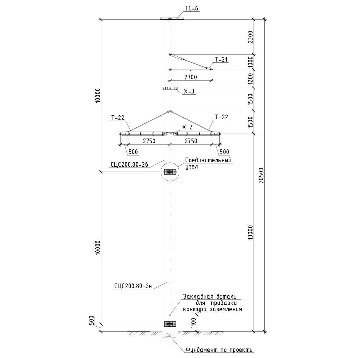 Анкерно-угловая повышенная железобетонная опора СУБ110-3Ф, чертеж 16.006-т11.006