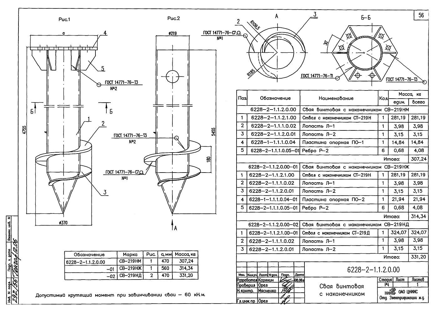 Свая винтовая с наконечником СВ-219НЖ, типовой проект №6228 09Г2С (С345) ЛКП II, III группы