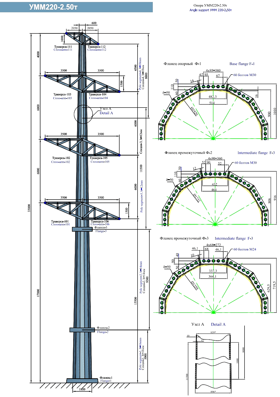 Анкерно-угловая опора УММ220-2.50т, типовой проект 009/02-01-ВЛ-КМ С345 горячее цинкование