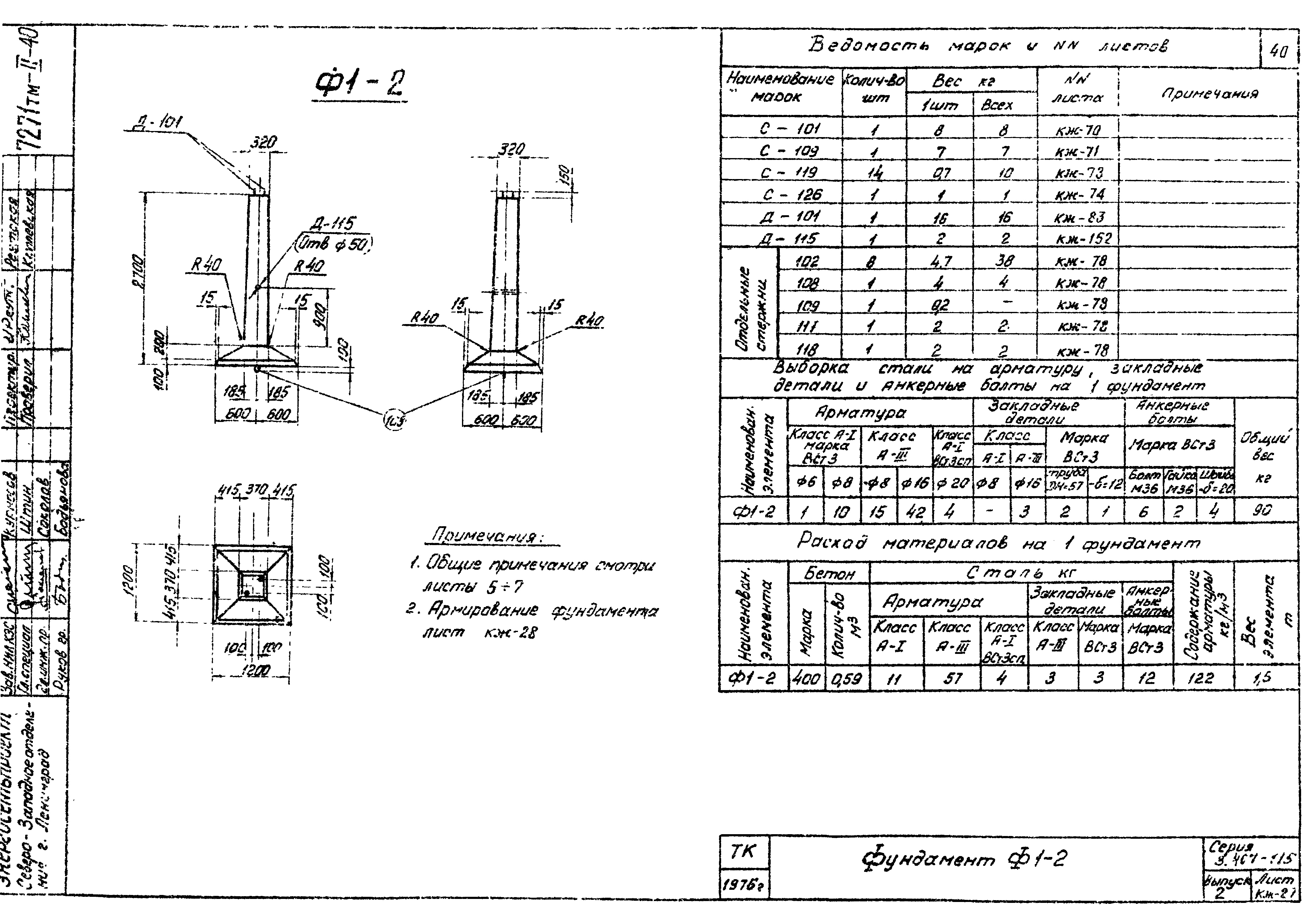 Фундамент промежуточной опоры Ф1-2, серия 3.407-115