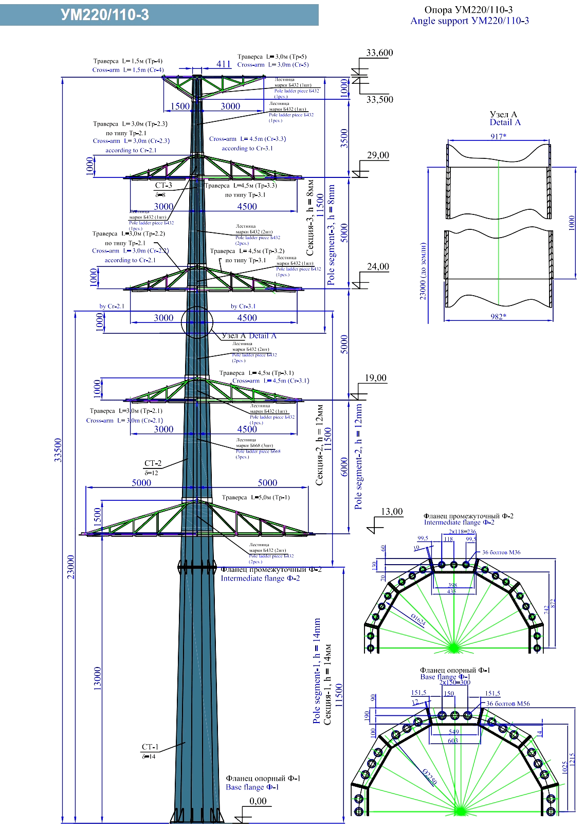 Анкерно-угловая опора УМ220/110-3, типовой проект 24/06-01-КМ С345 горячее цинкование