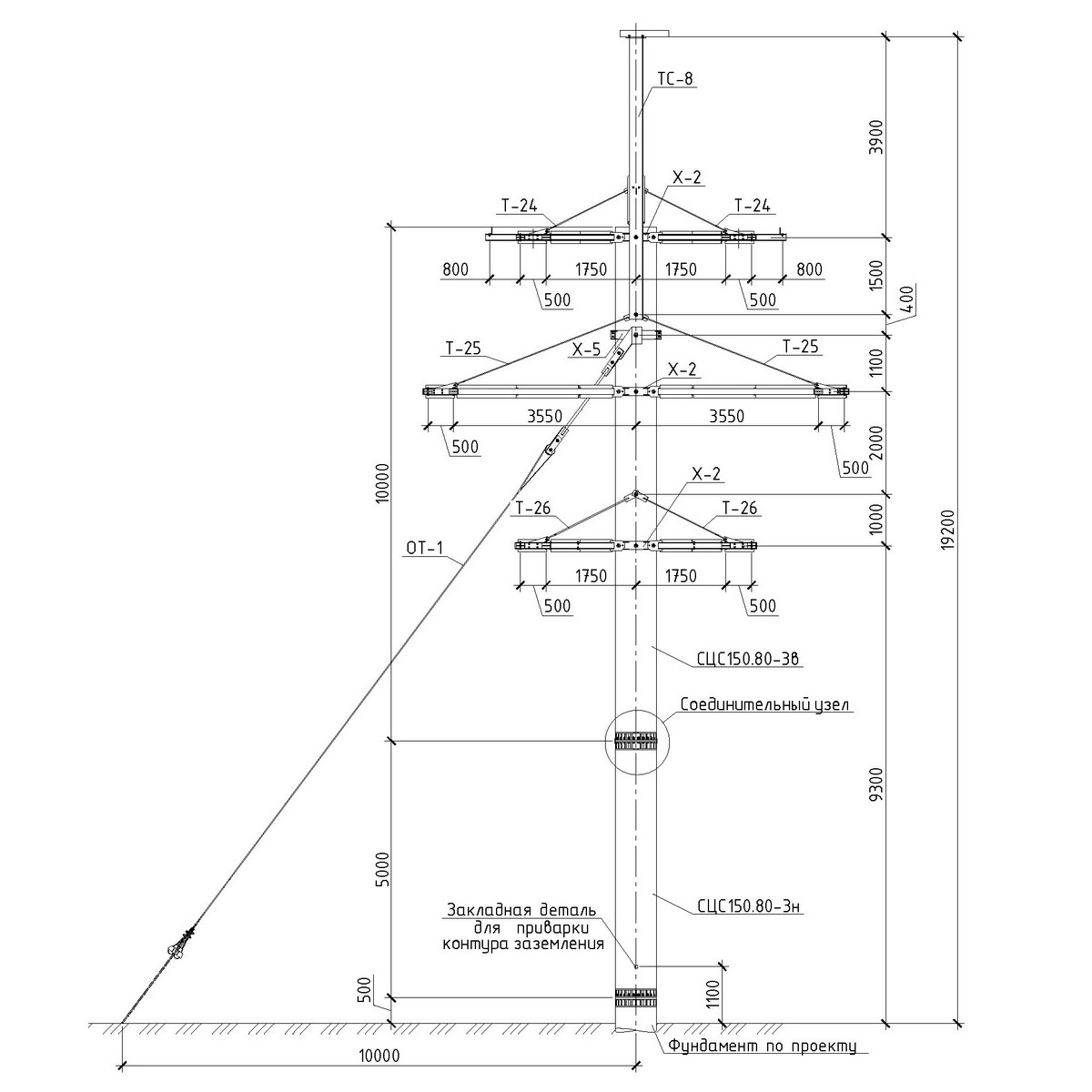 Анкерно-угловая железобетонная опора СУБ110-4Ф, чертеж 16.006-т14.008