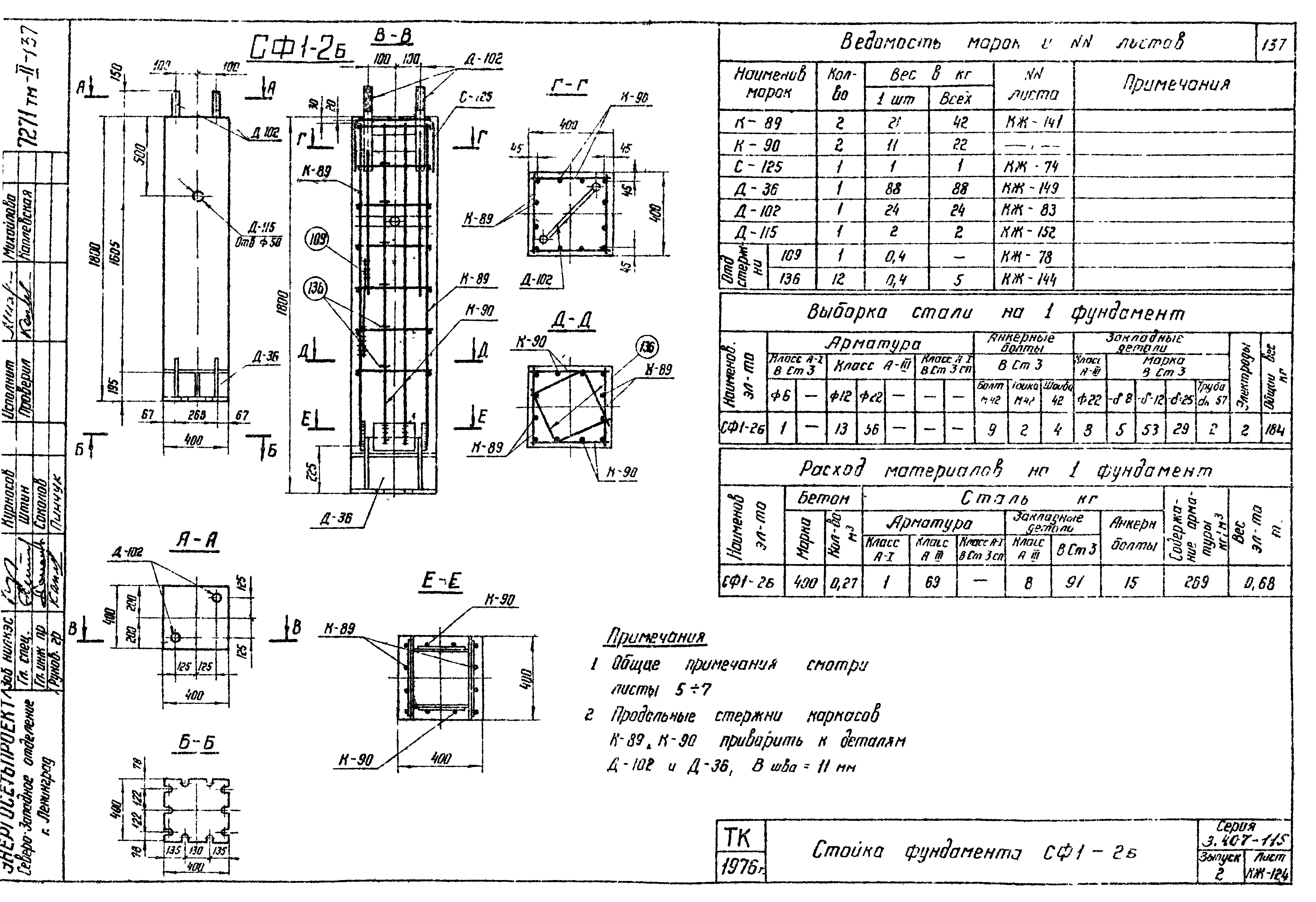 Стойка фундамента СФ1-2Б, серия 3.407-115