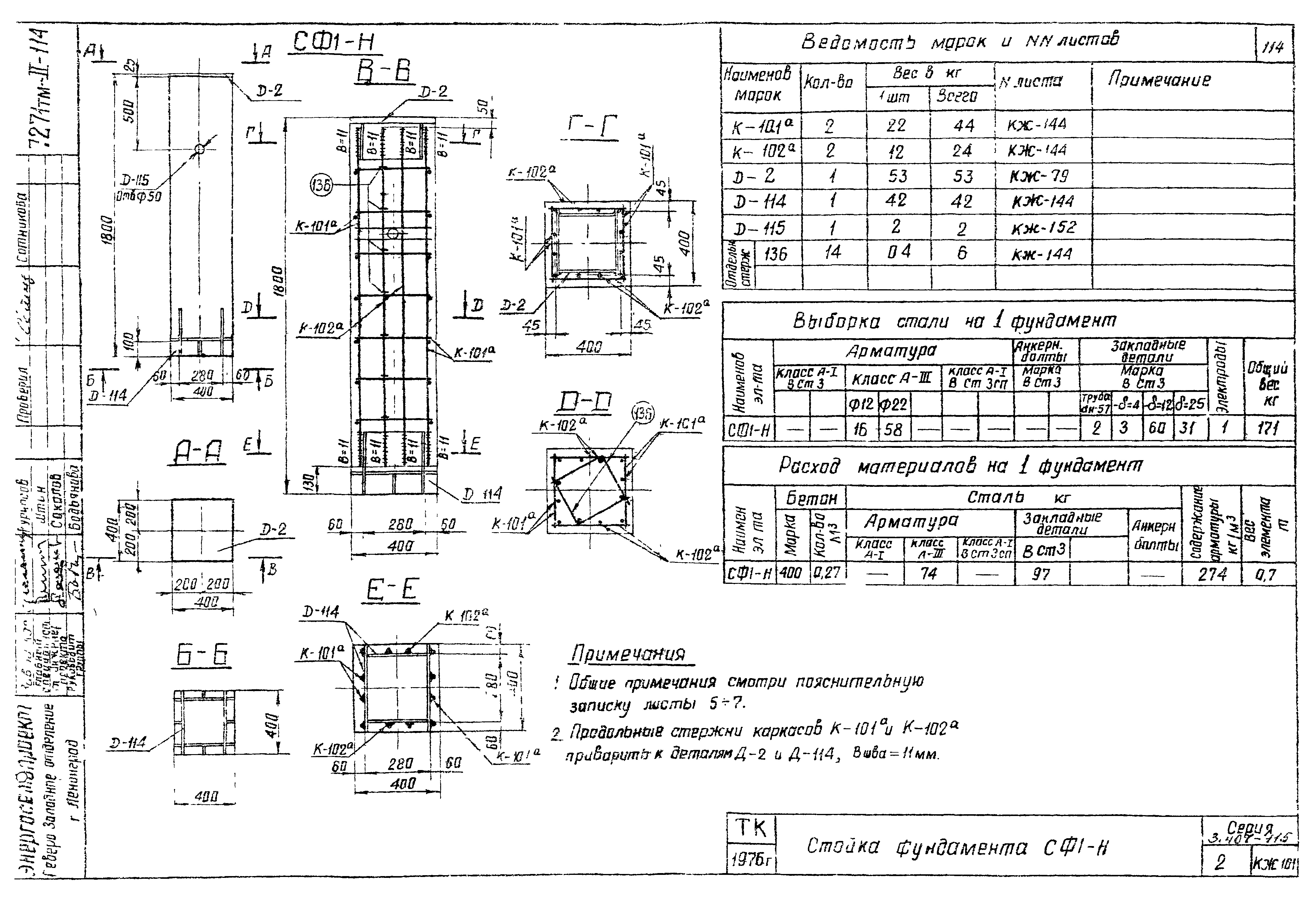 Стойка фундамента СФ1-Н, серия 3.407-115