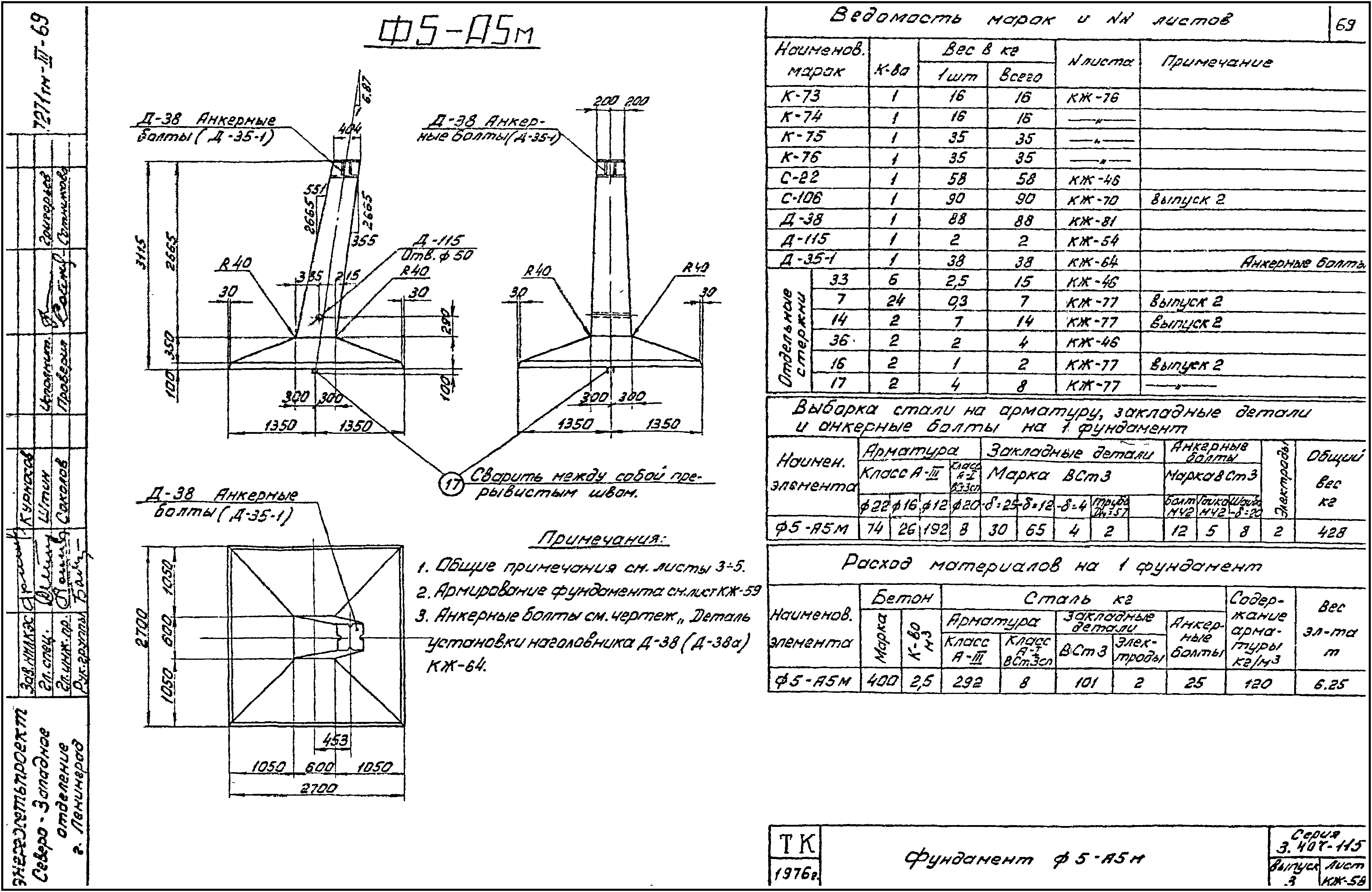 Фундамент анкерной опоры Ф5-А5м, серия 3.407-115