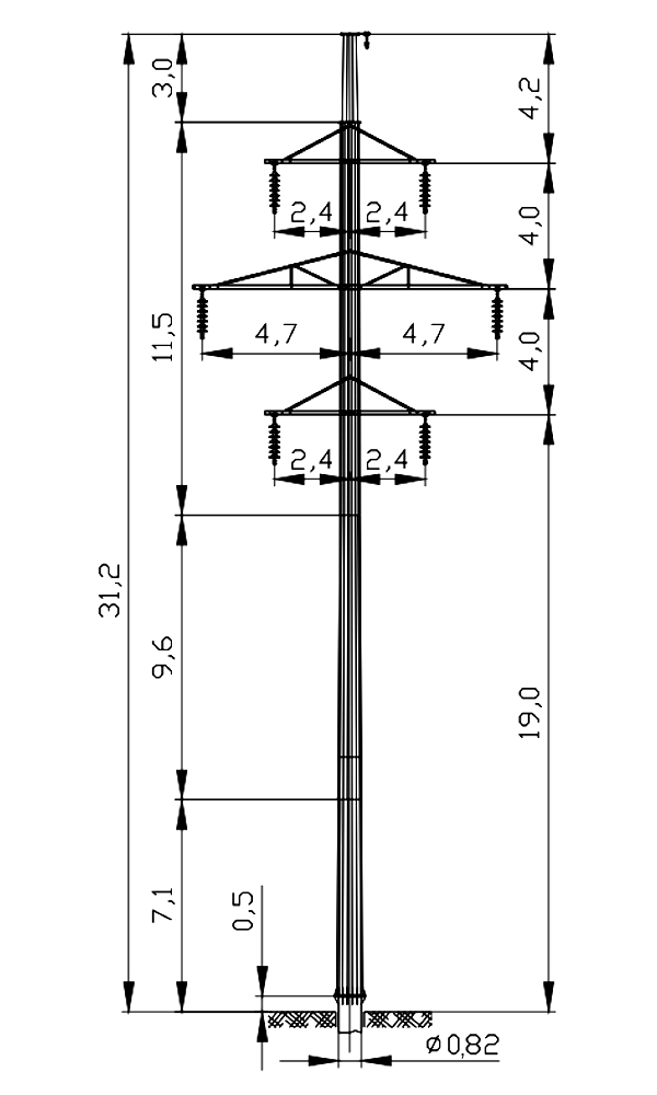 Промежуточная опора ПМ110-2Ф, типовой проект 3.407.2-182.09 С345 горячее цинкование