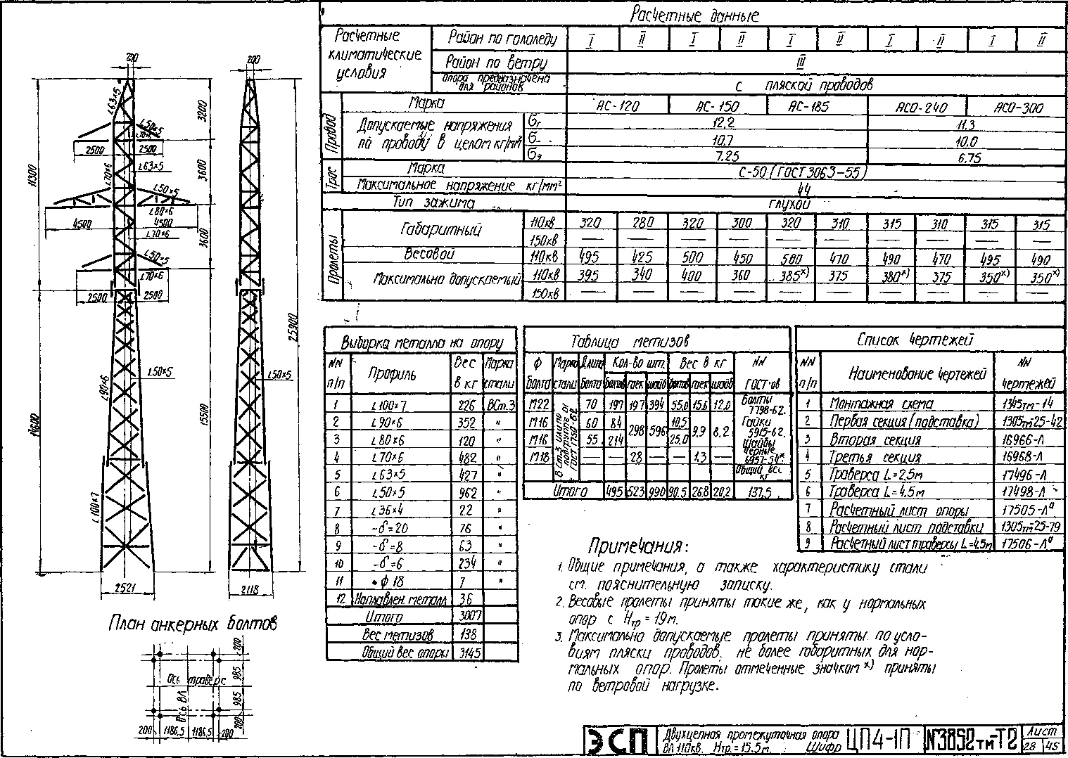 Промежуточная опора ЦП4-1П, типовой проект 3852тм-т2 С245 горячее оцинкование