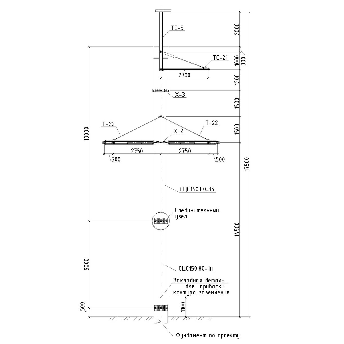 Анкерно-угловая железобетонная опора СУБ110-1Ф, чертеж 16.006-т11.005