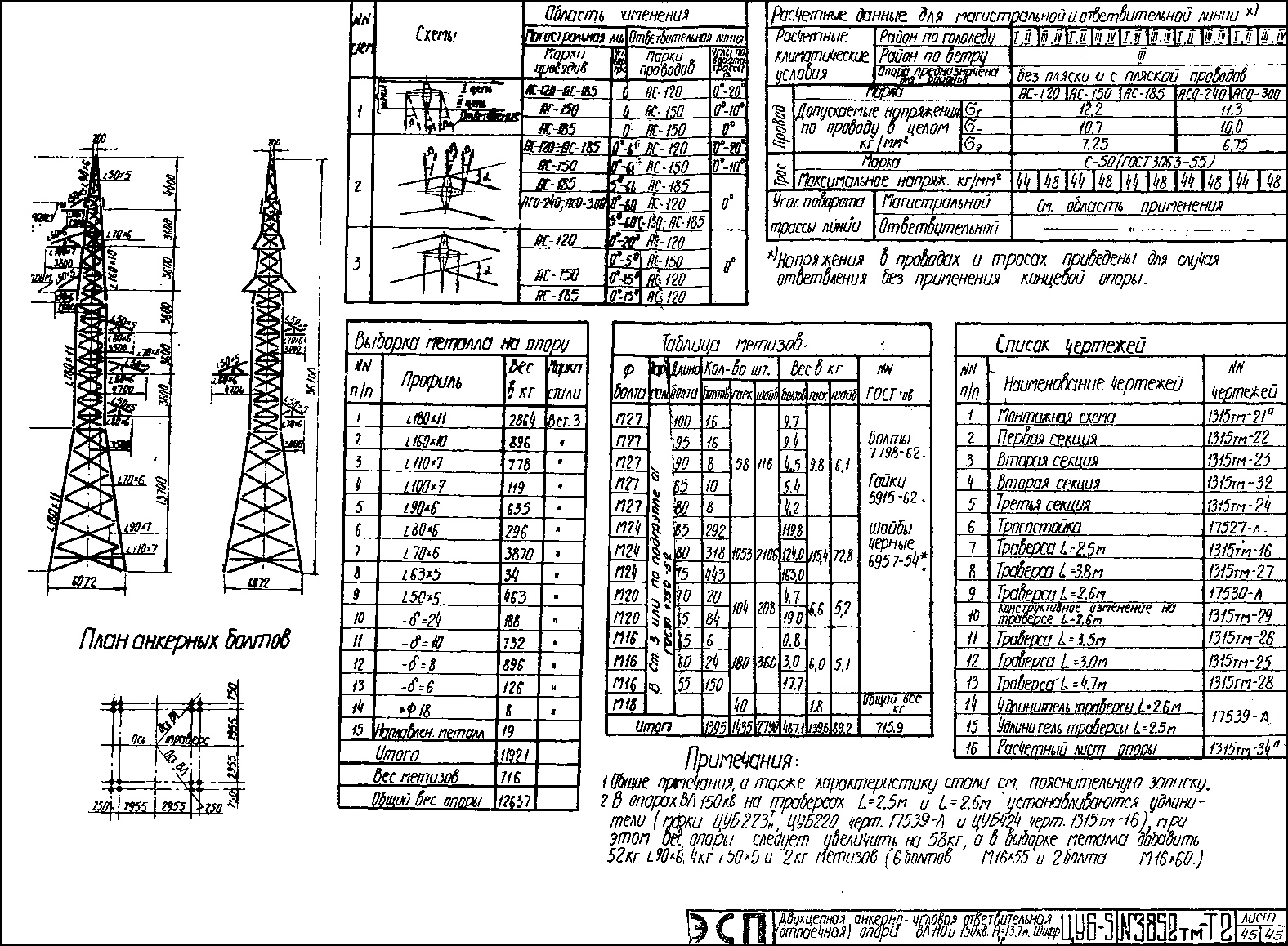 Анкерно-угловая ответвительная опора ЦУ6-5, типовой проект 3852тм-т2 С245 горячее оцинкование