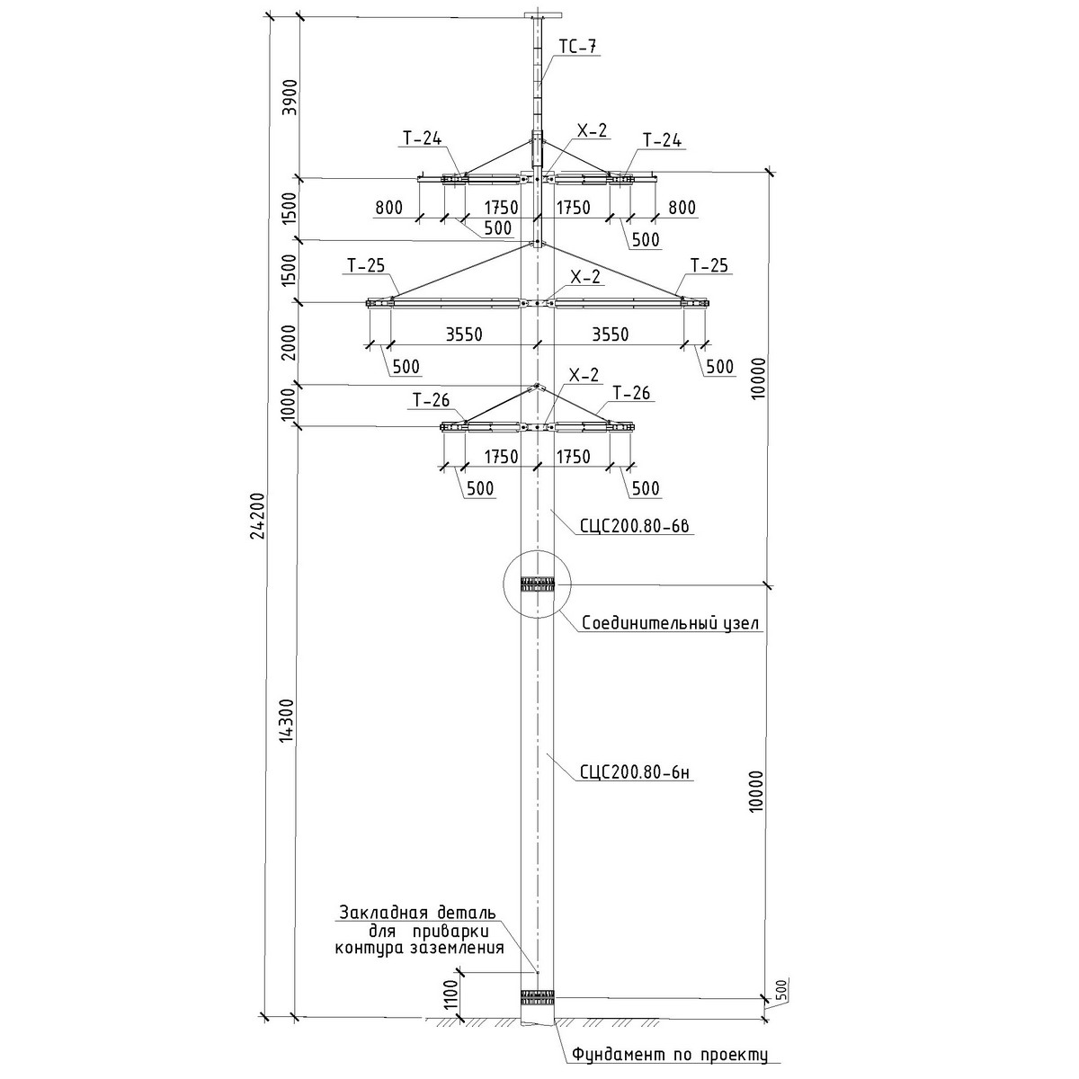 Анкерно-угловая повышенная железобетонная опора СУБ110-6Ф, чертеж 16.006-т14.010