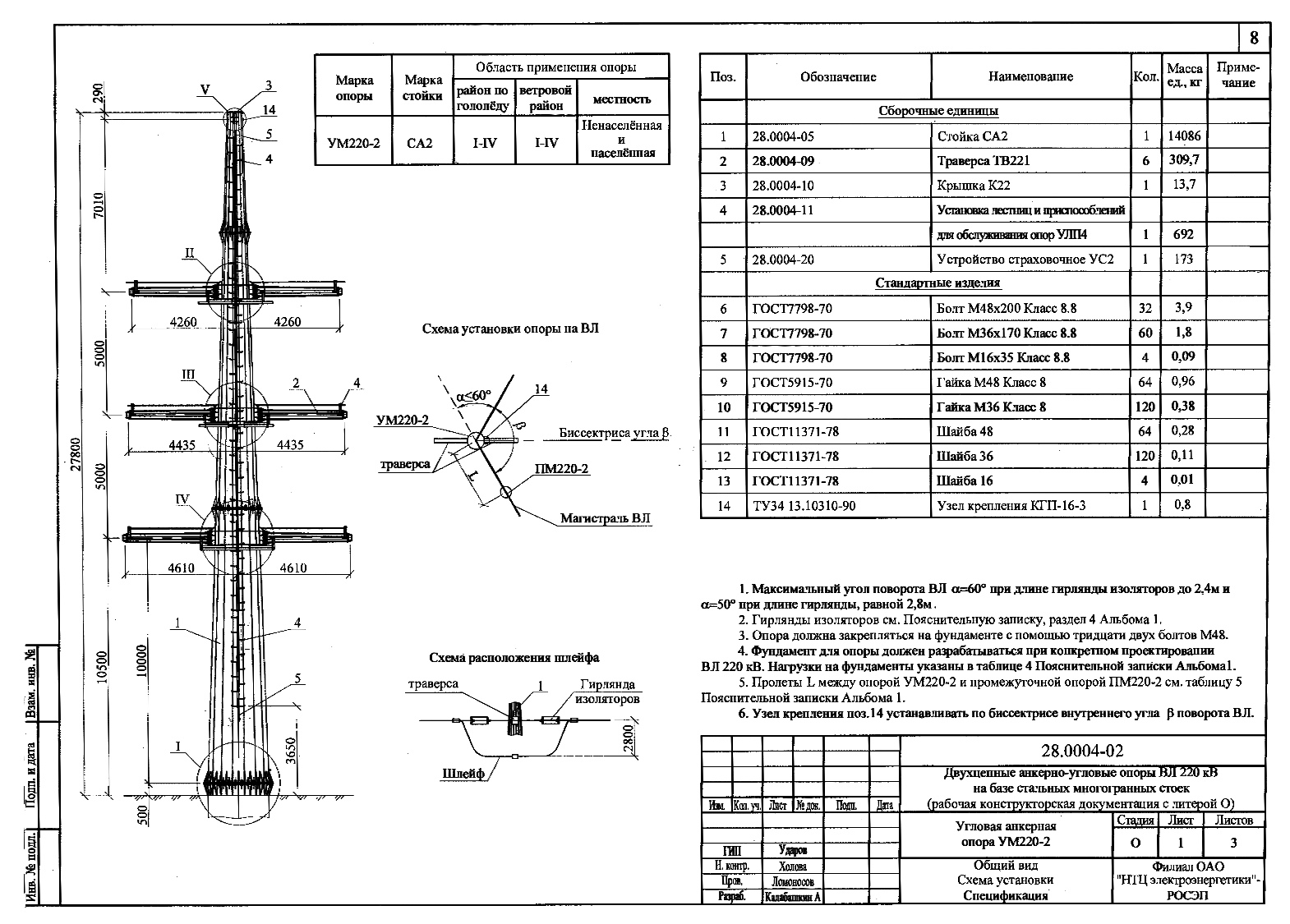 Анкерно-угловая опора УМ220-2, типовой проект 28.0004 С345 горячее цинкование