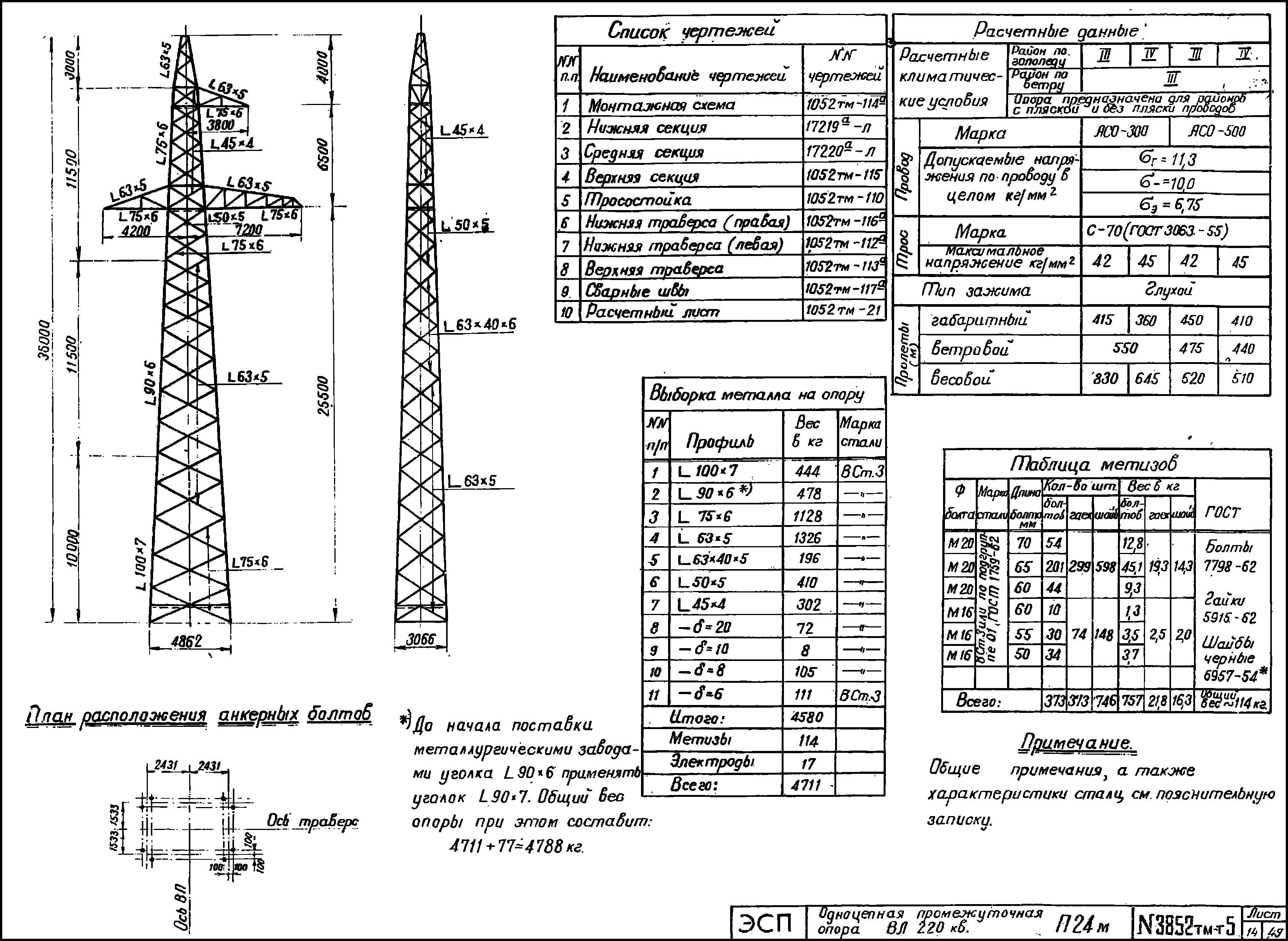 Промежуточная опора П24М, типовой проект 3852тм-т5 С245 лакокрасочное покрытие