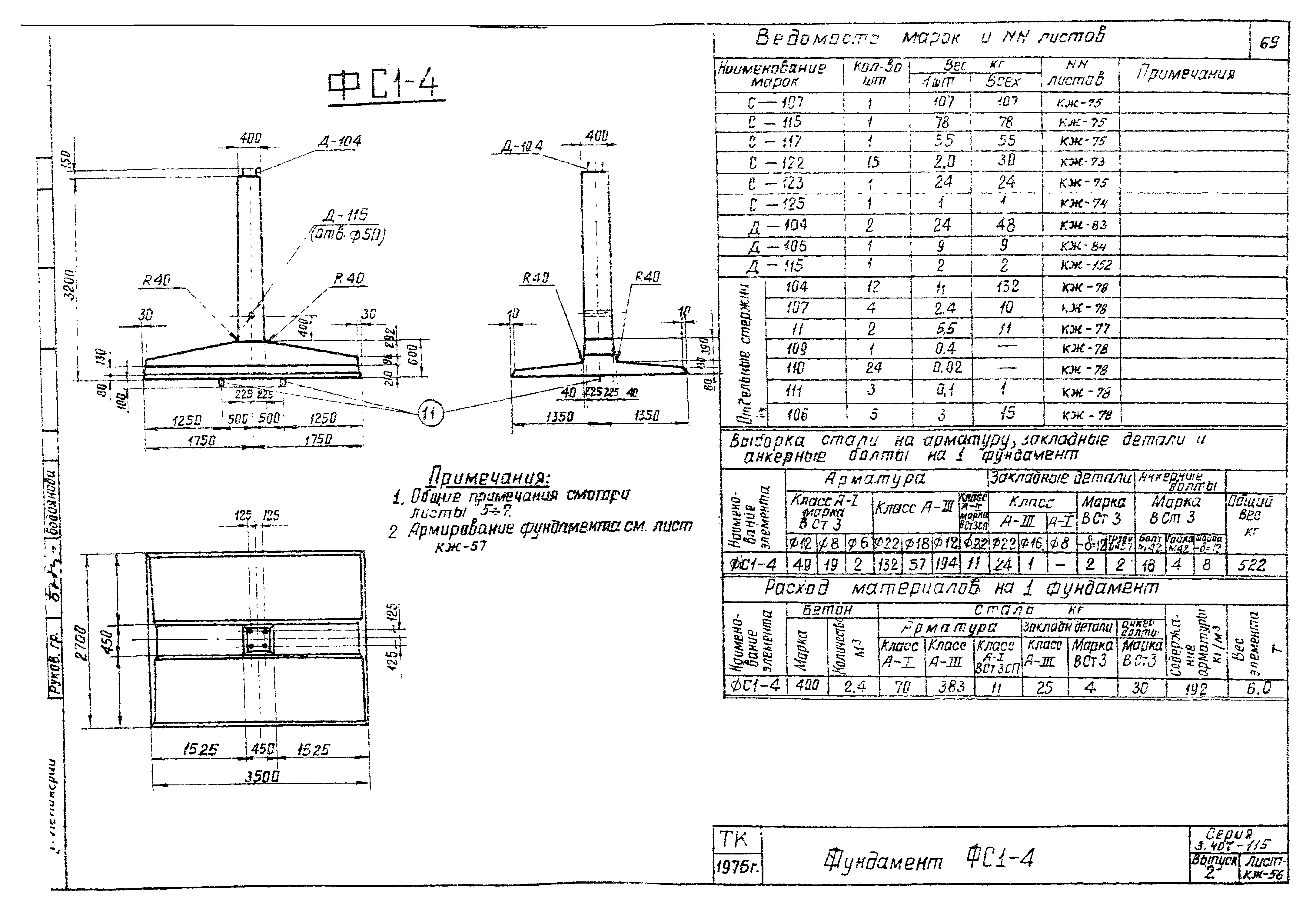 Фундамент промежуточной опоры ФС1-4, серия 3.407-115