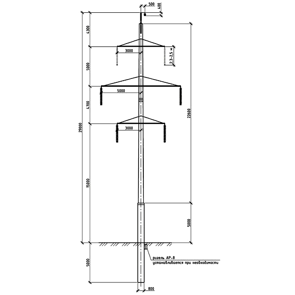 Промежуточная повышенная железобетонная опора СПБ220-4Ф, чертеж 17.008-т13