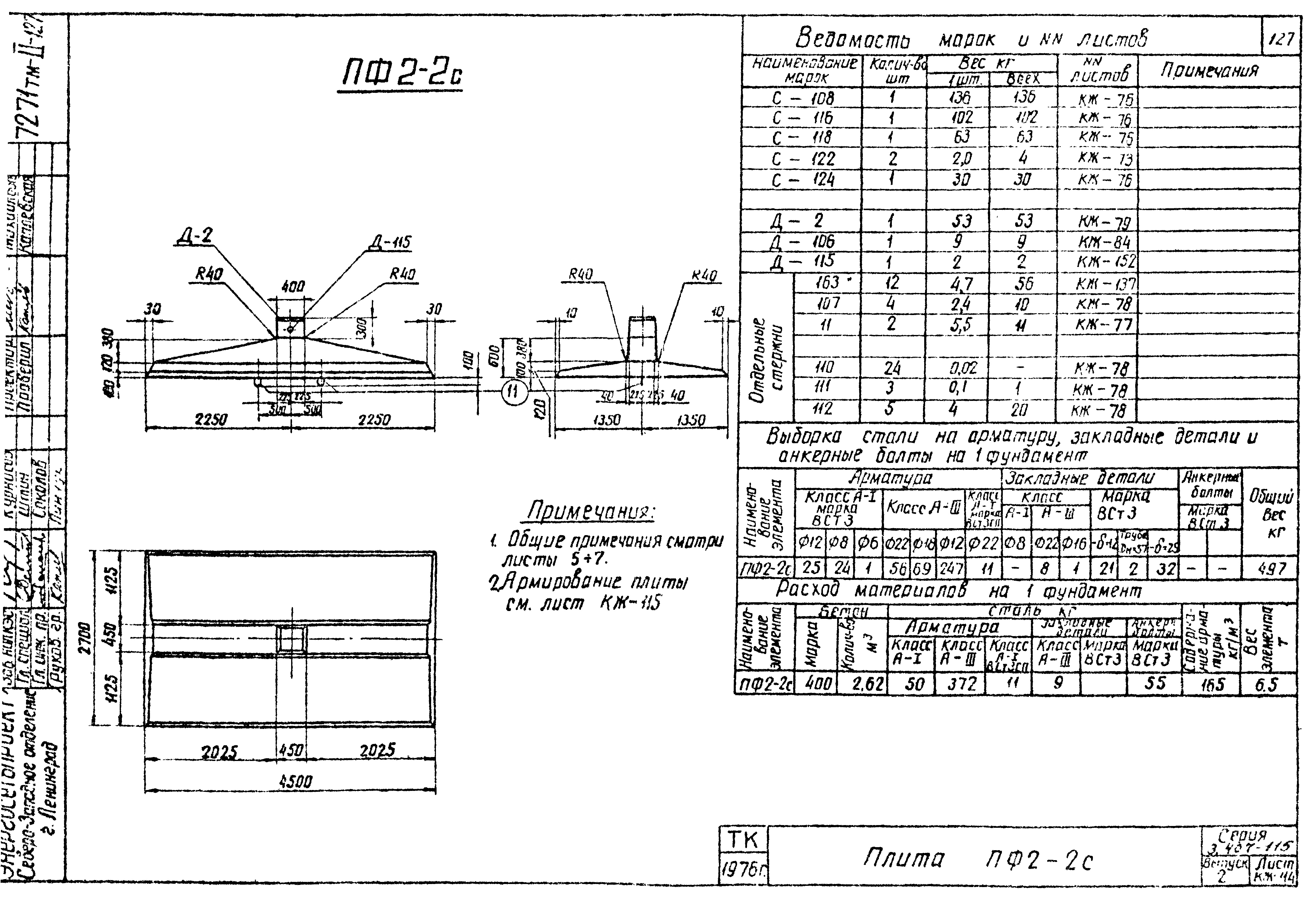 Плита фундамента ПФ2-2С, серия 3.407-115