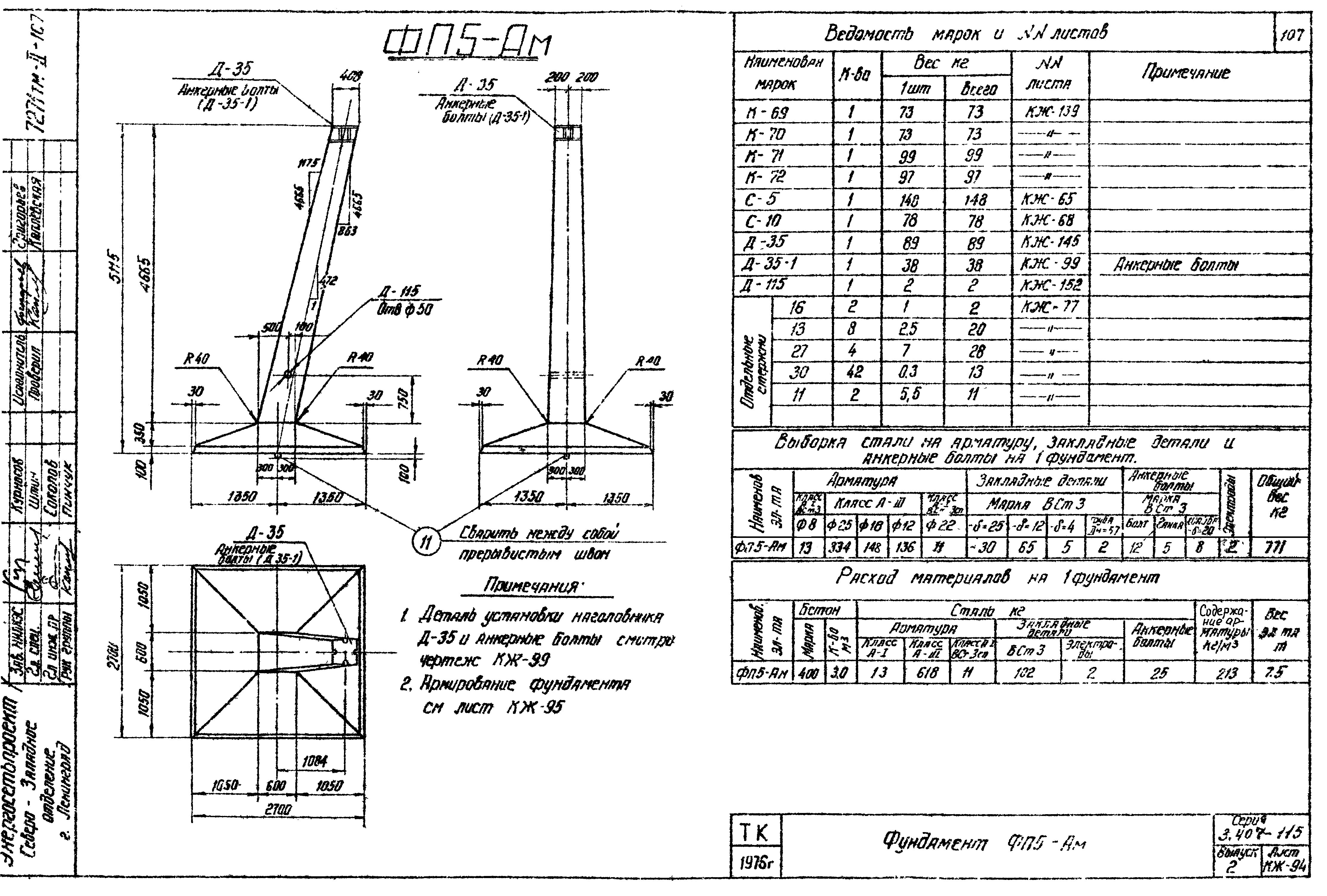 Фундамент анкерной опоры ФП5-Ам, серия 3.407-115