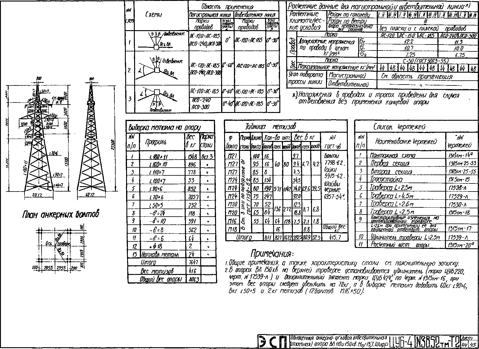 Анкерно-угловая ответвительная опора ЦУ6-4, типовой проект 3852тм-т2 С245 горячее оцинкование